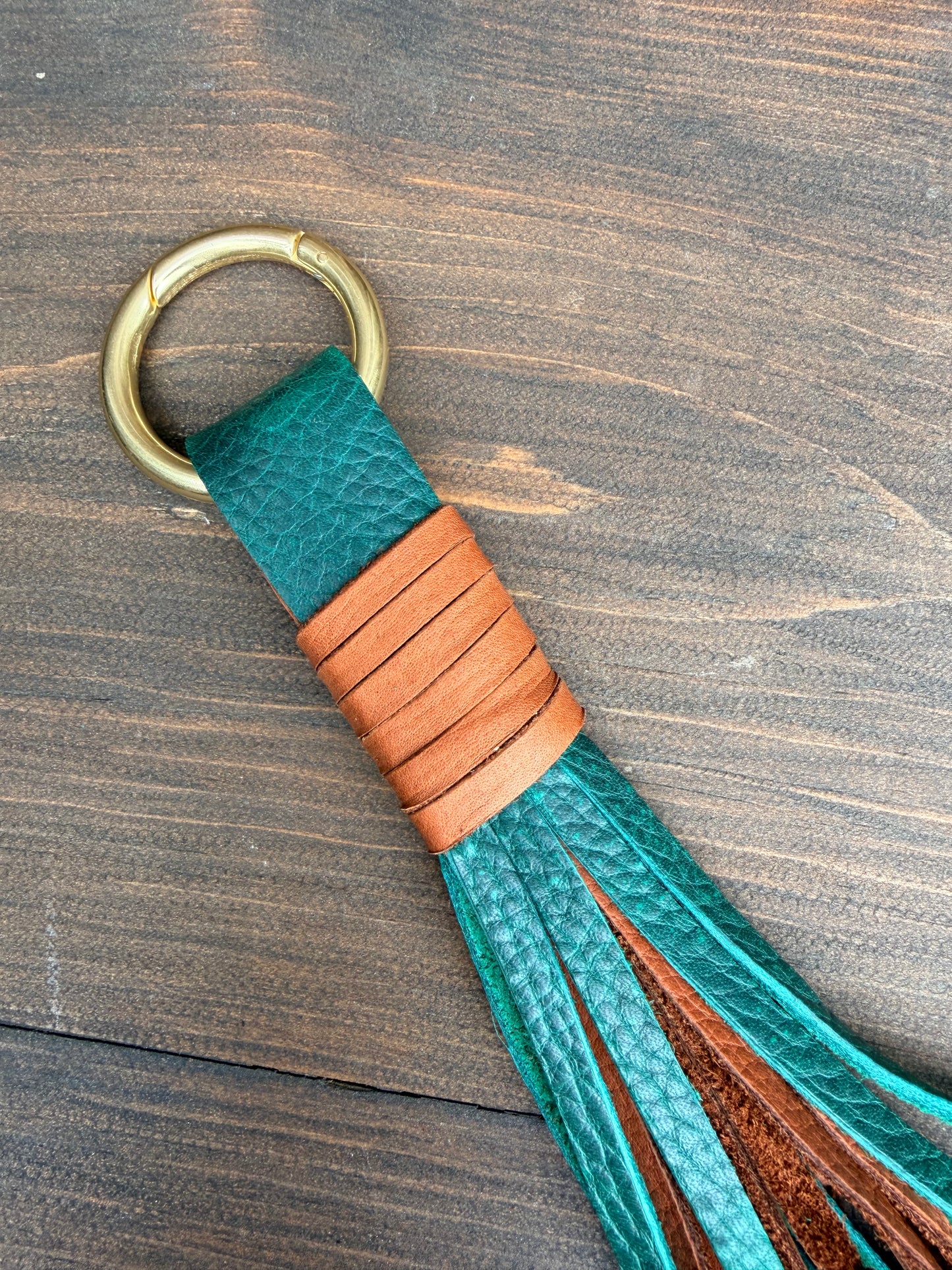 Knotted Leather Tassel in Emerald & Brandy 15”