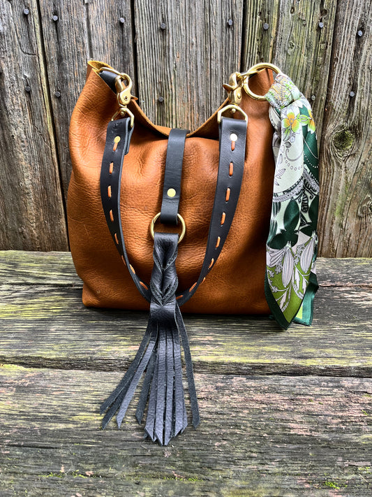 Barcelona Bucket in Distressed Tan Cowhide with Throwover Tassel & Silk Scarf Accessory