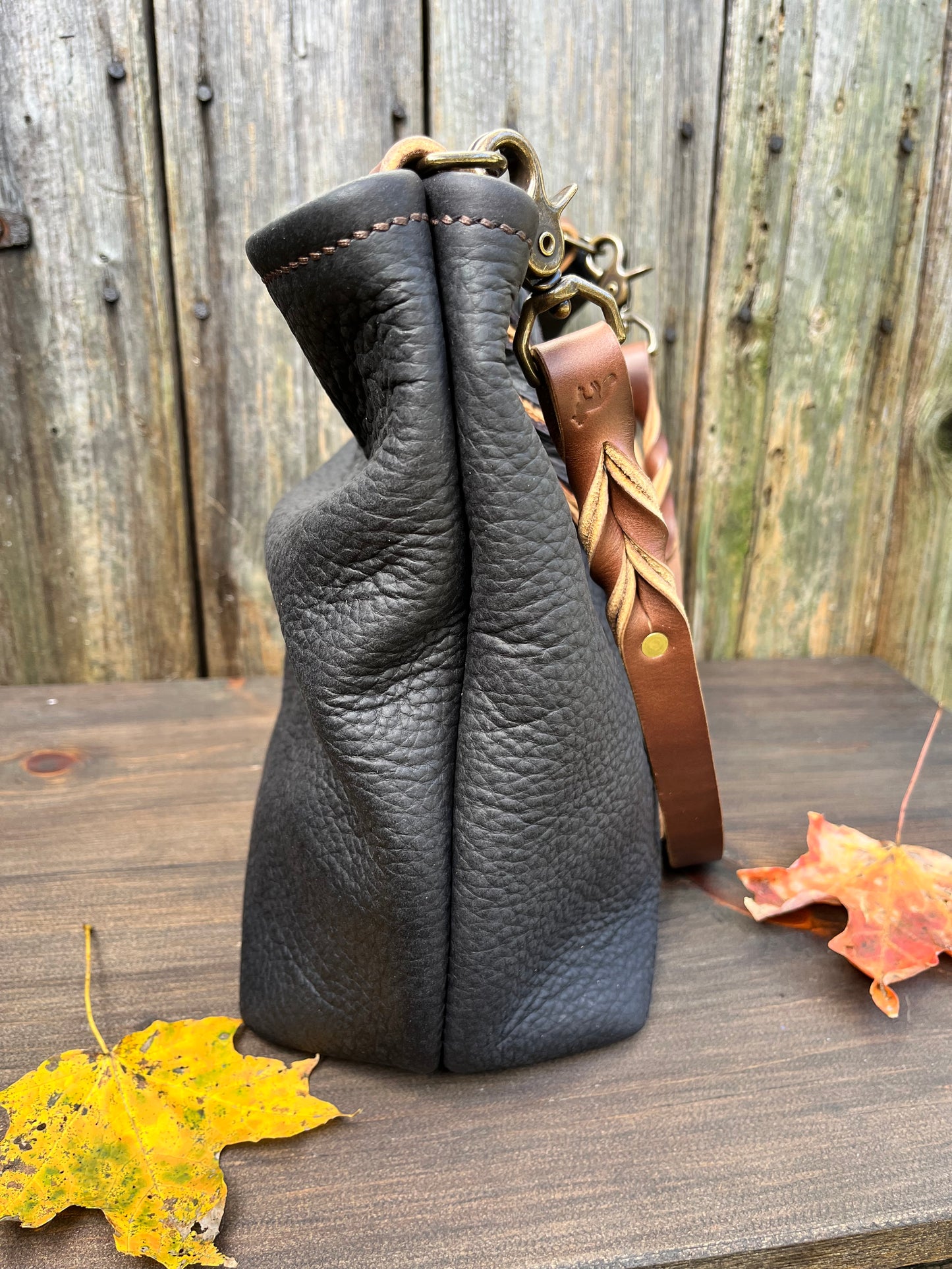 Mimi Slouch Bag in Distressed Black Bison with Braided Throwover Leather Tassel