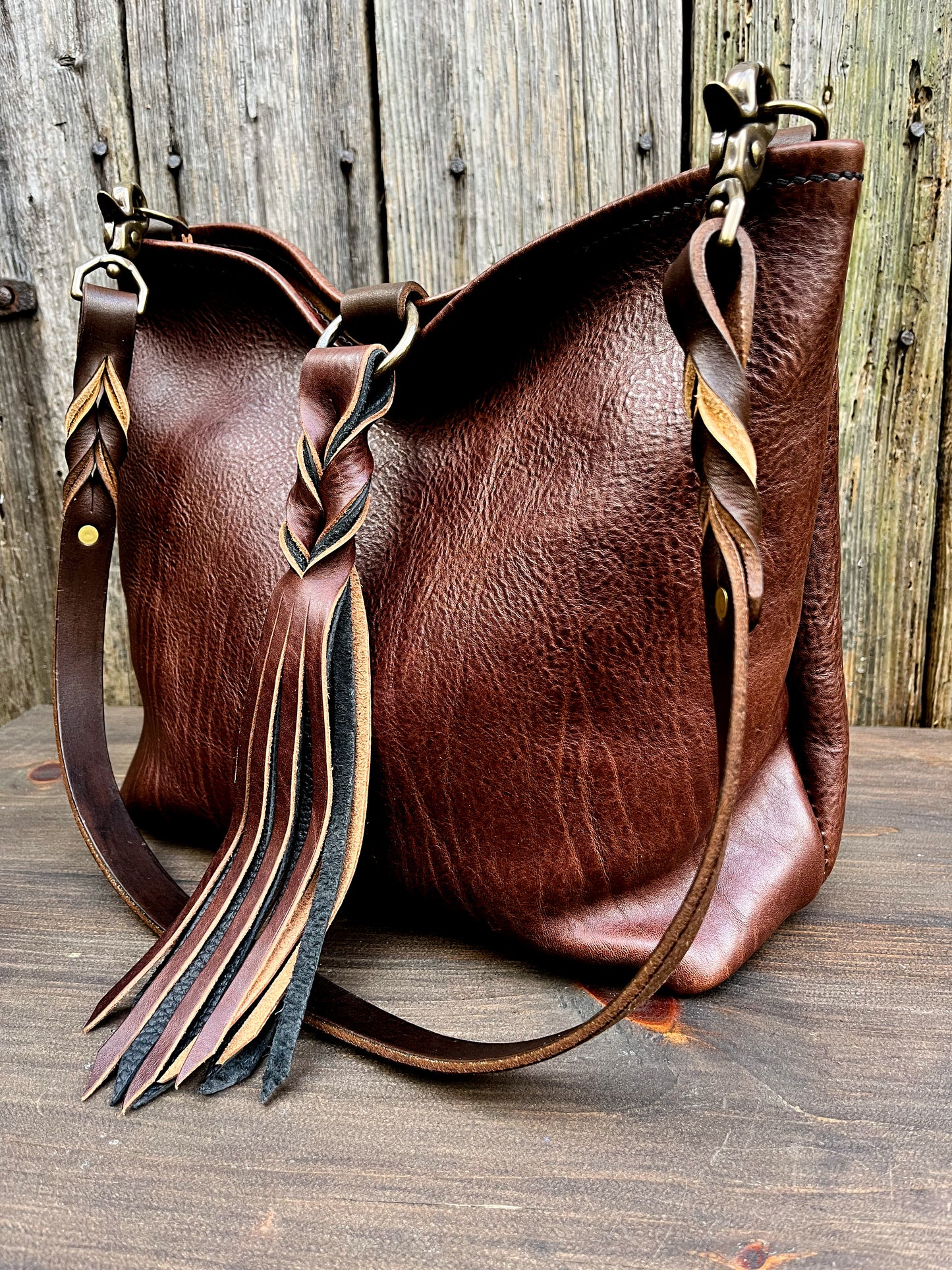 Mimi Slouch Bag in Rustic Dark Brown Leather with Braided Throwover Tassel