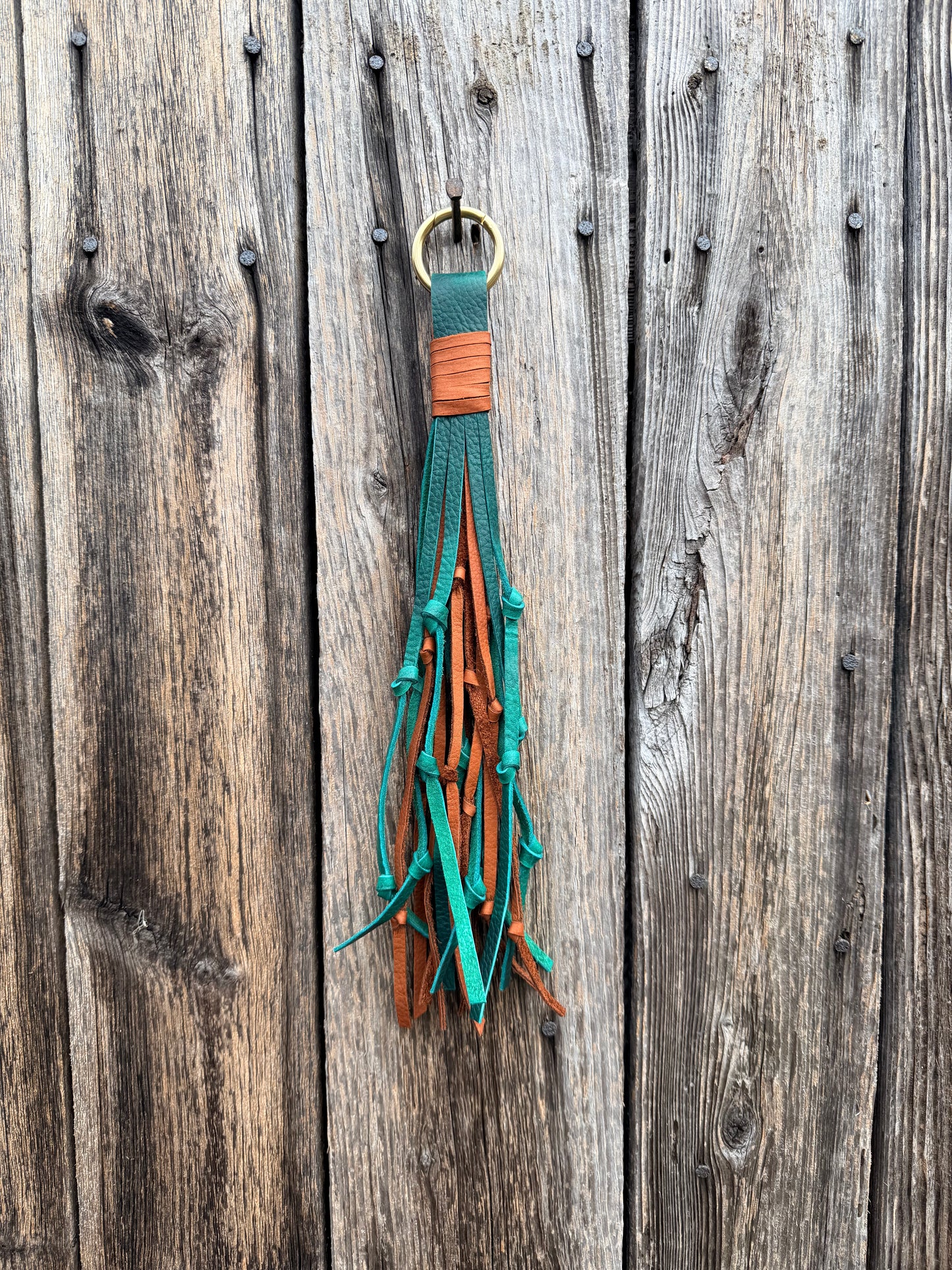 Knotted Leather Tassel in Emerald & Brandy 15”