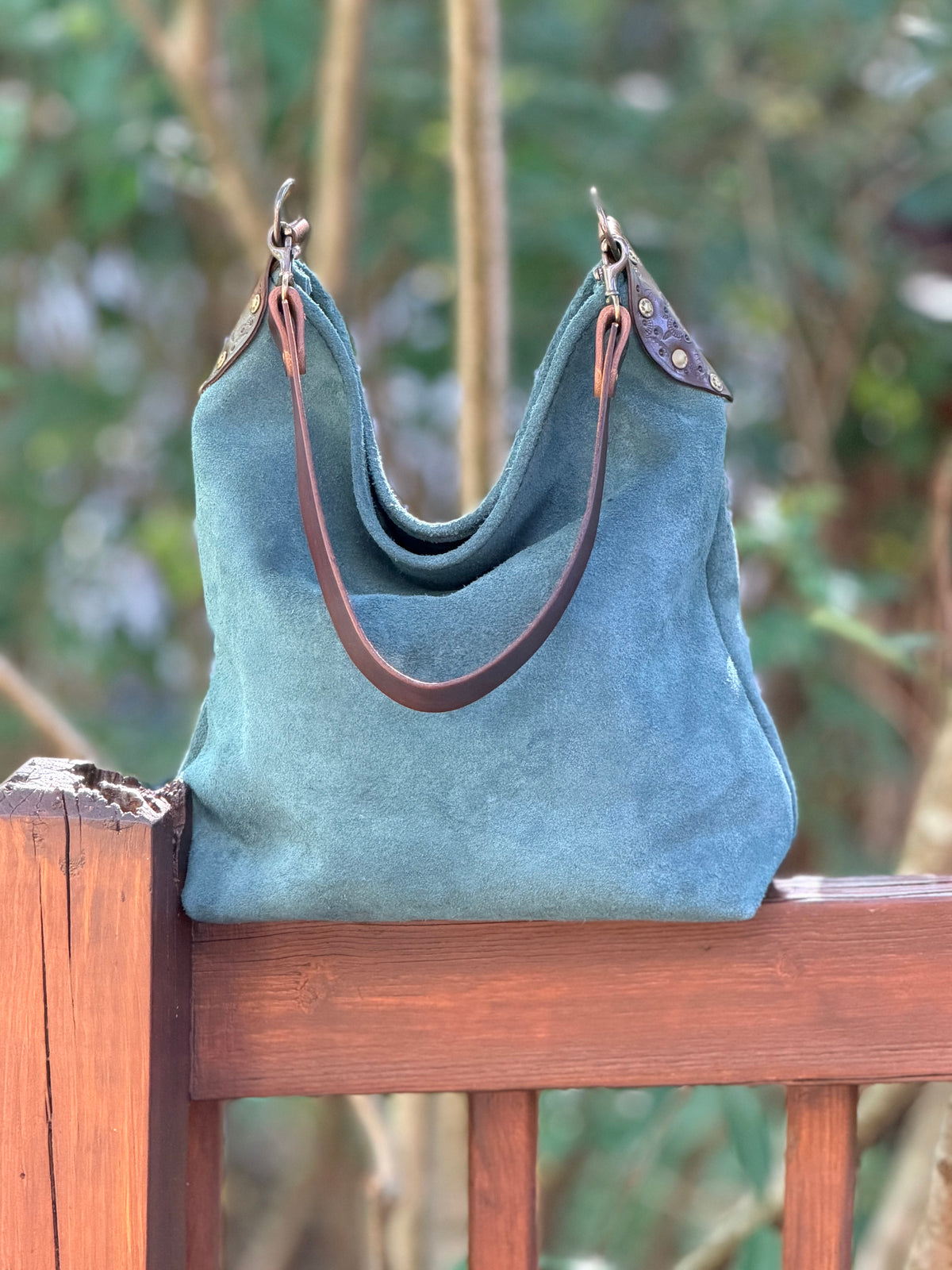 Willy Bucket in Blue Spruce Rough-Out with Short Guitar Strap