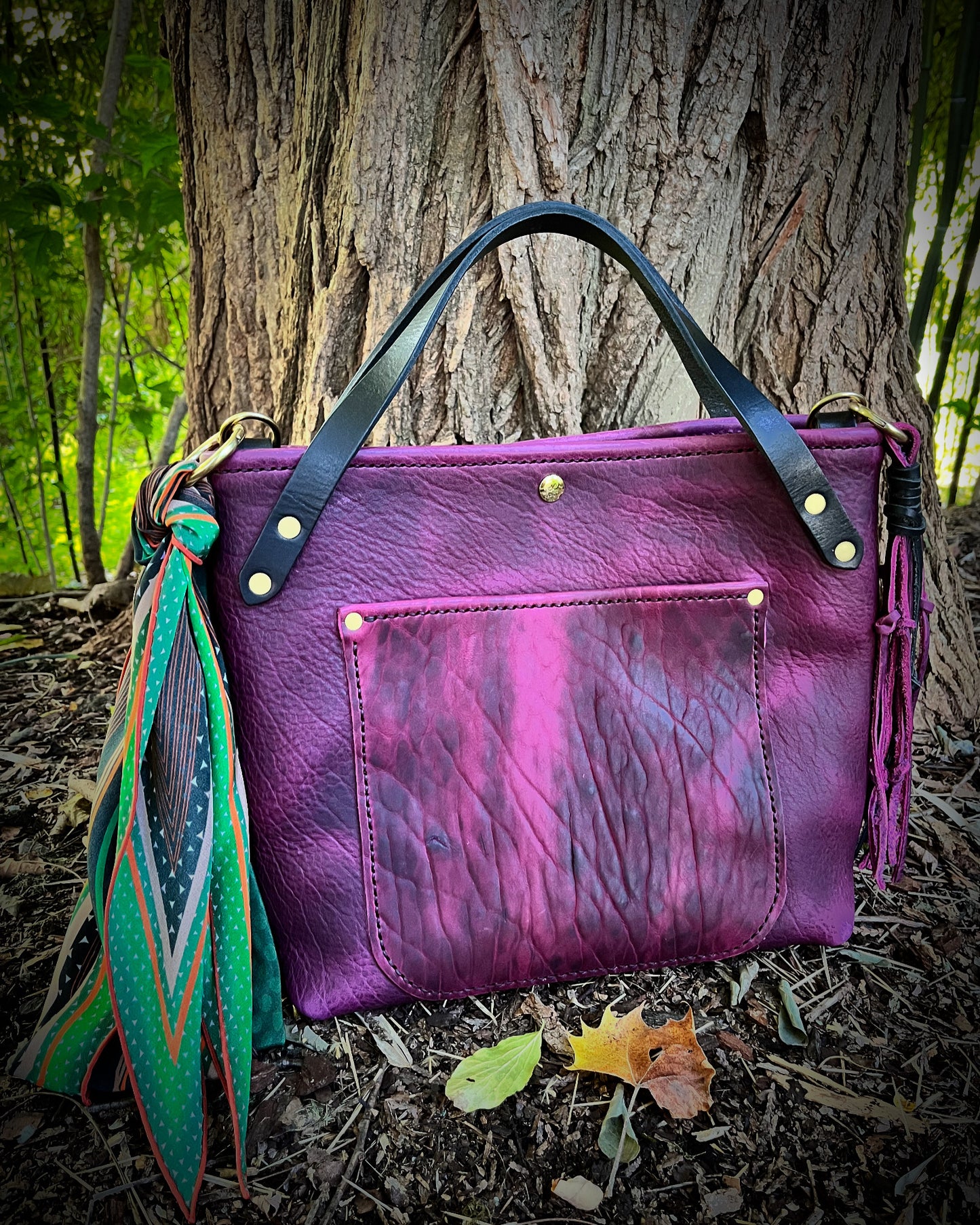 Crissy Grab Bag in Grape Bison with Front Pocket & Black Horween Handles