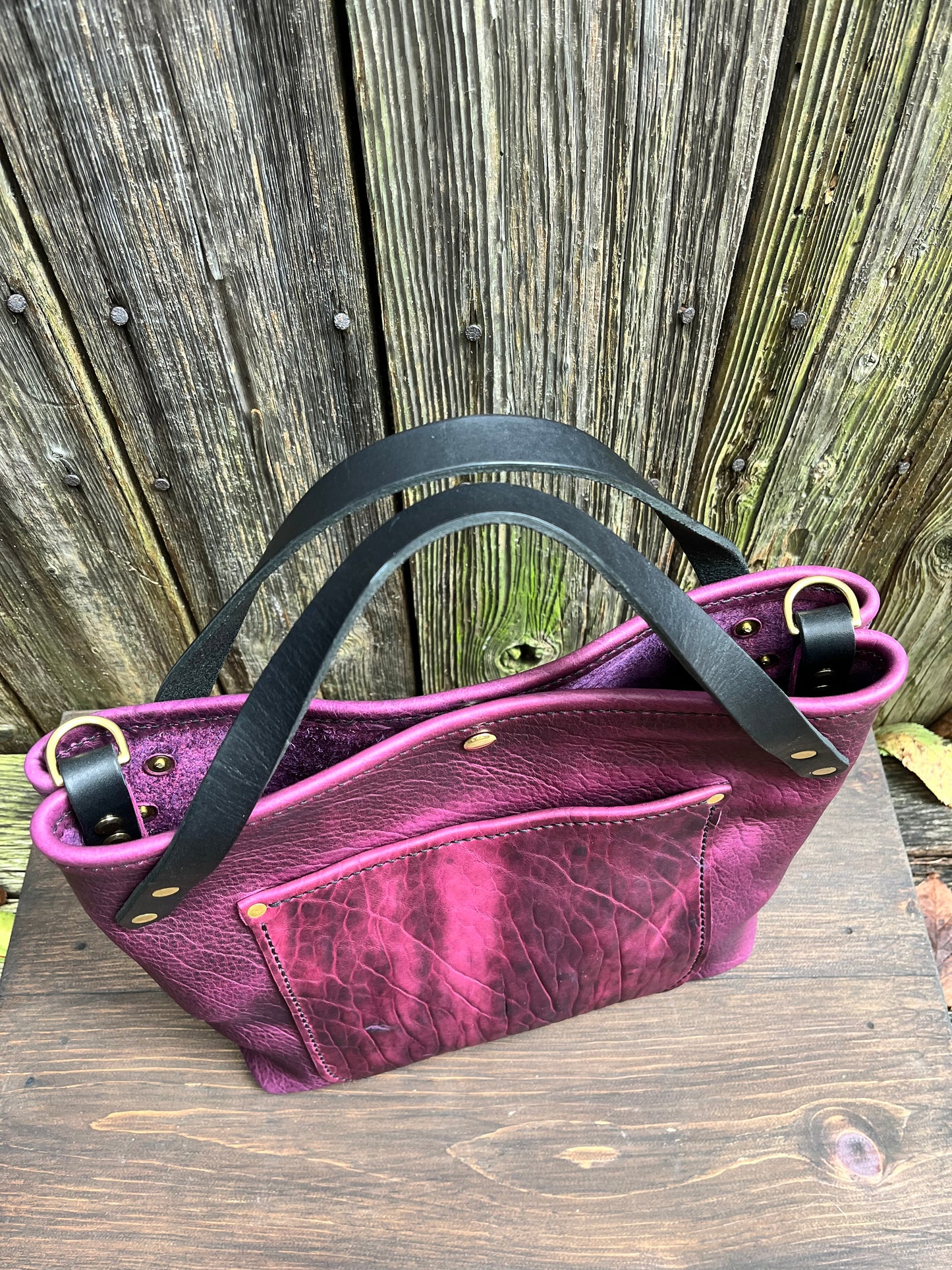 Crissy Grab Bag in Grape Bison with Front Pocket & Black Horween Handles