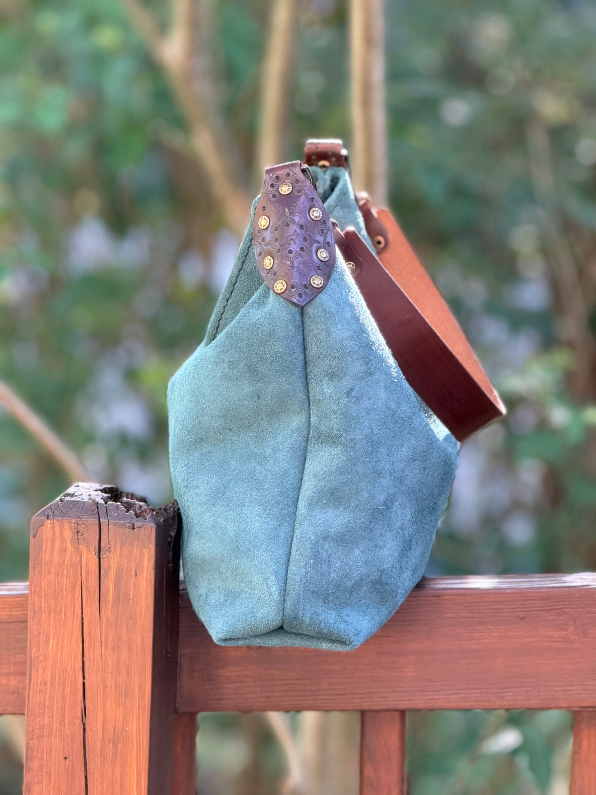 Willy Bucket in Blue Spruce Rough-Out with Short Guitar Strap