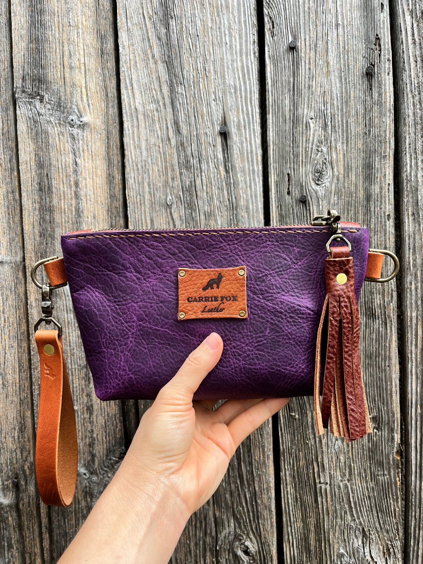 Pipsqueak Wristlet/Crossbody in Grape Escape Bison with English Tan Leather Accents