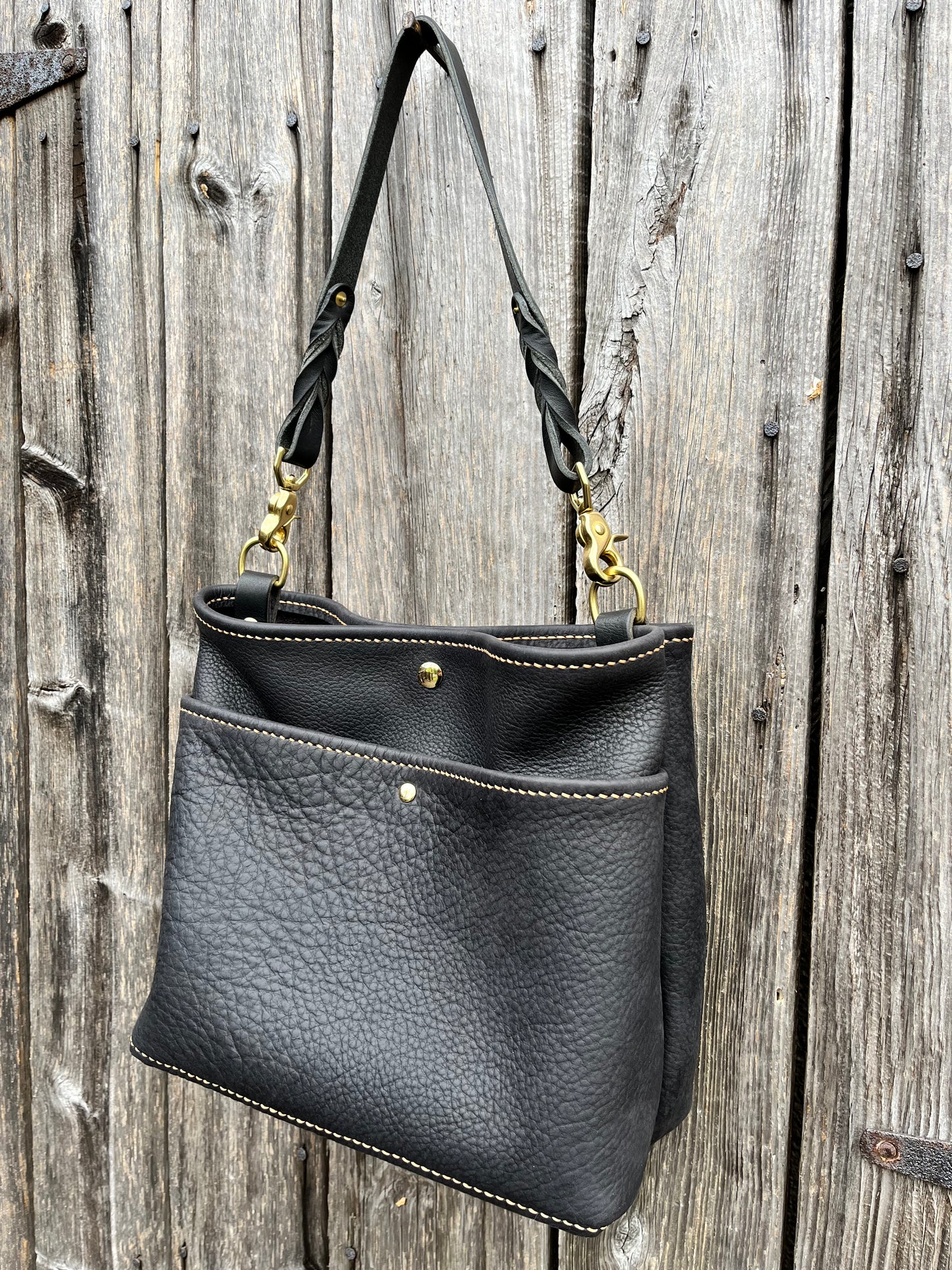 Emma Shoulder Bag in Classic Black Distressed Bison