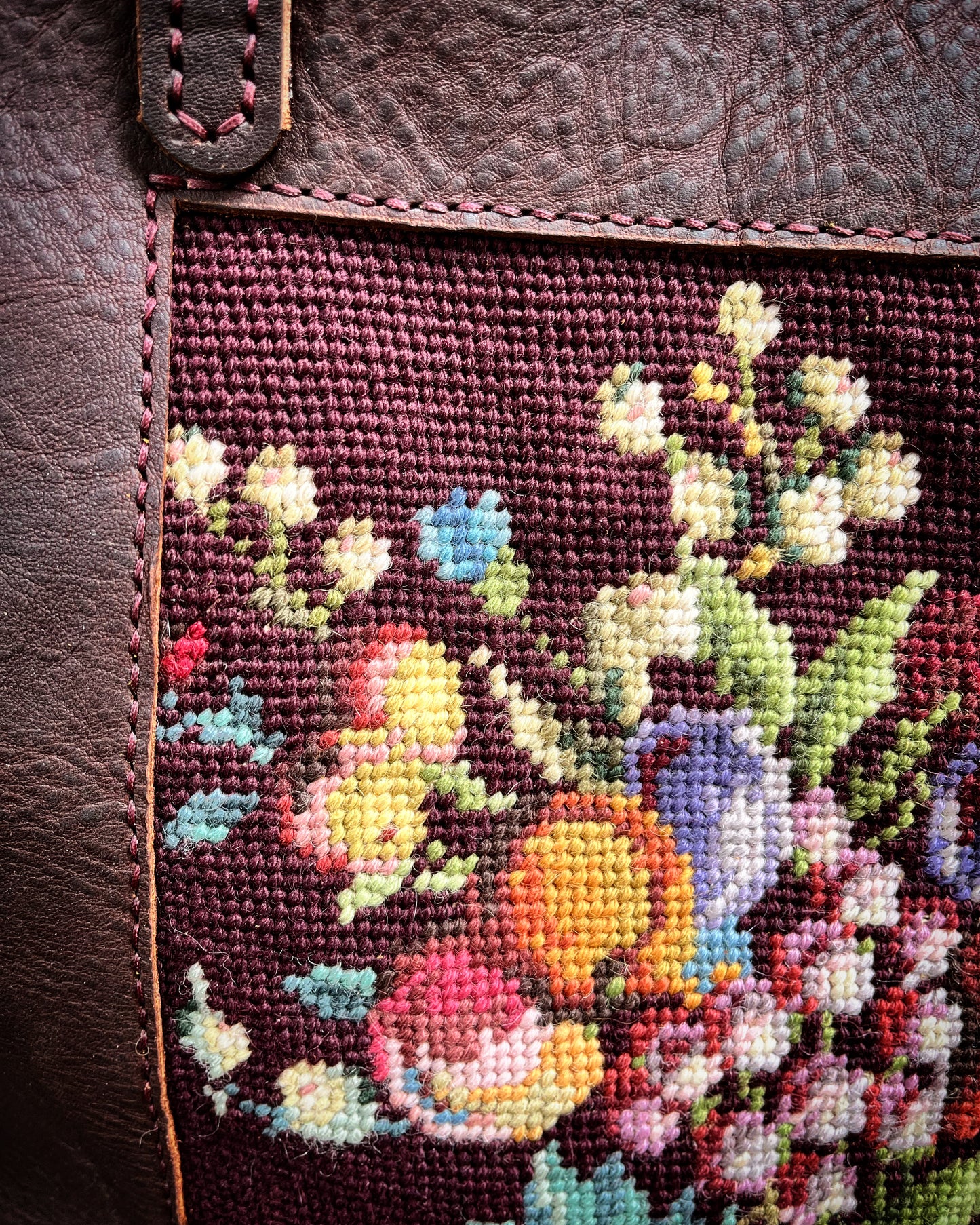 Premium Oil Tanned Leather Tote with Vintage English Needlepoint