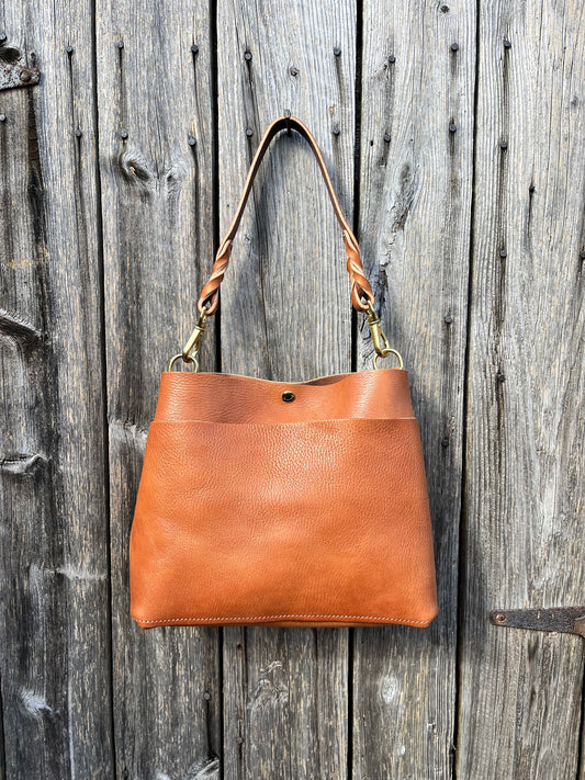 Emma Shoulder Bag in Wickett & Craig Milled Buck Brown with Longer Braided Leather Strap