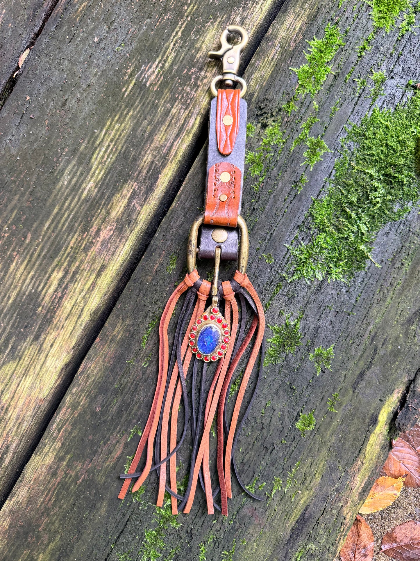 Bed Stu Boot Strap Tassel in Saddle Tan & Black Deerskin 15”L, OOAK