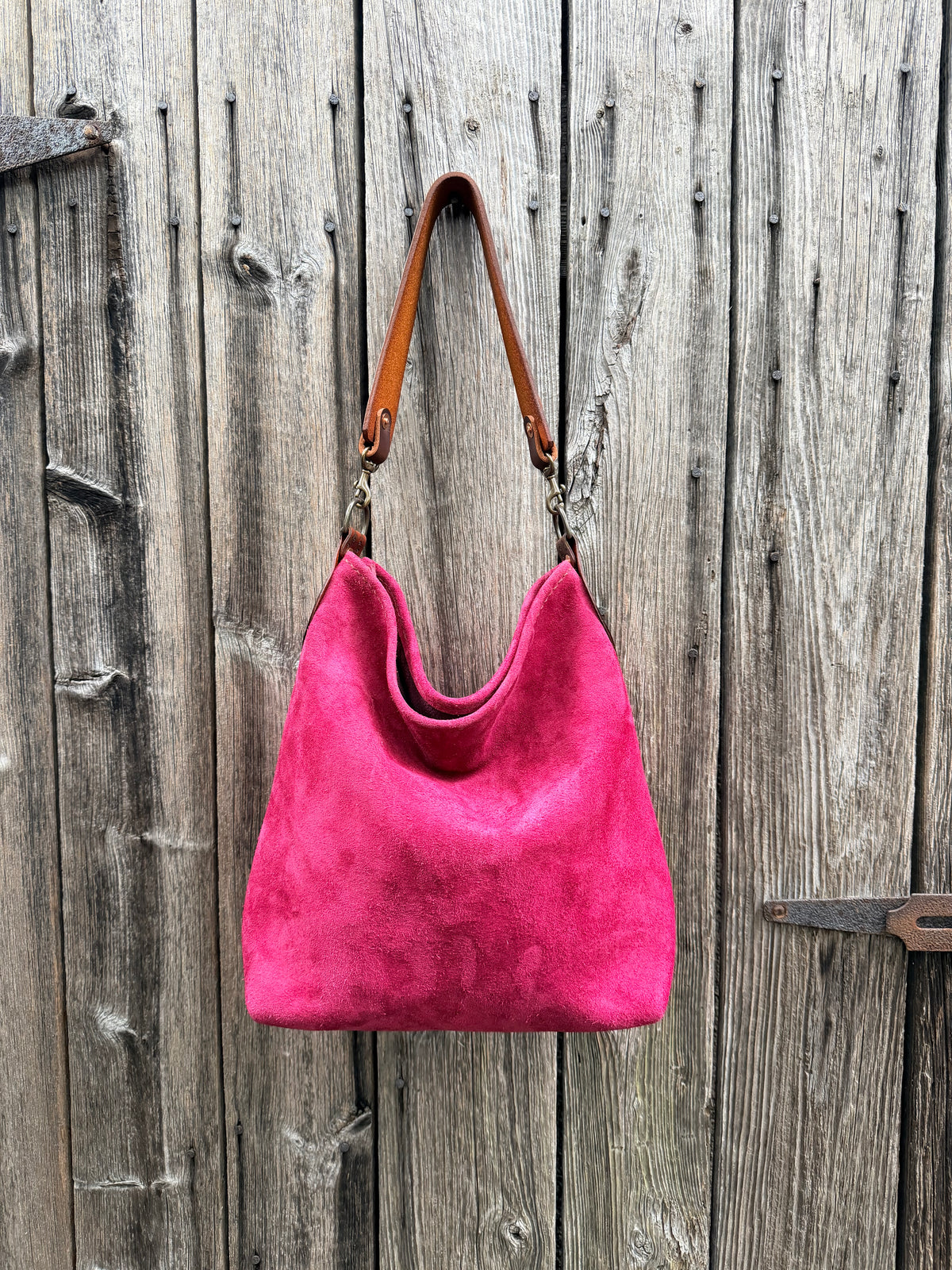 Willy Bucket in Reverse Cow in Cranberry Suede with Guitar Strap