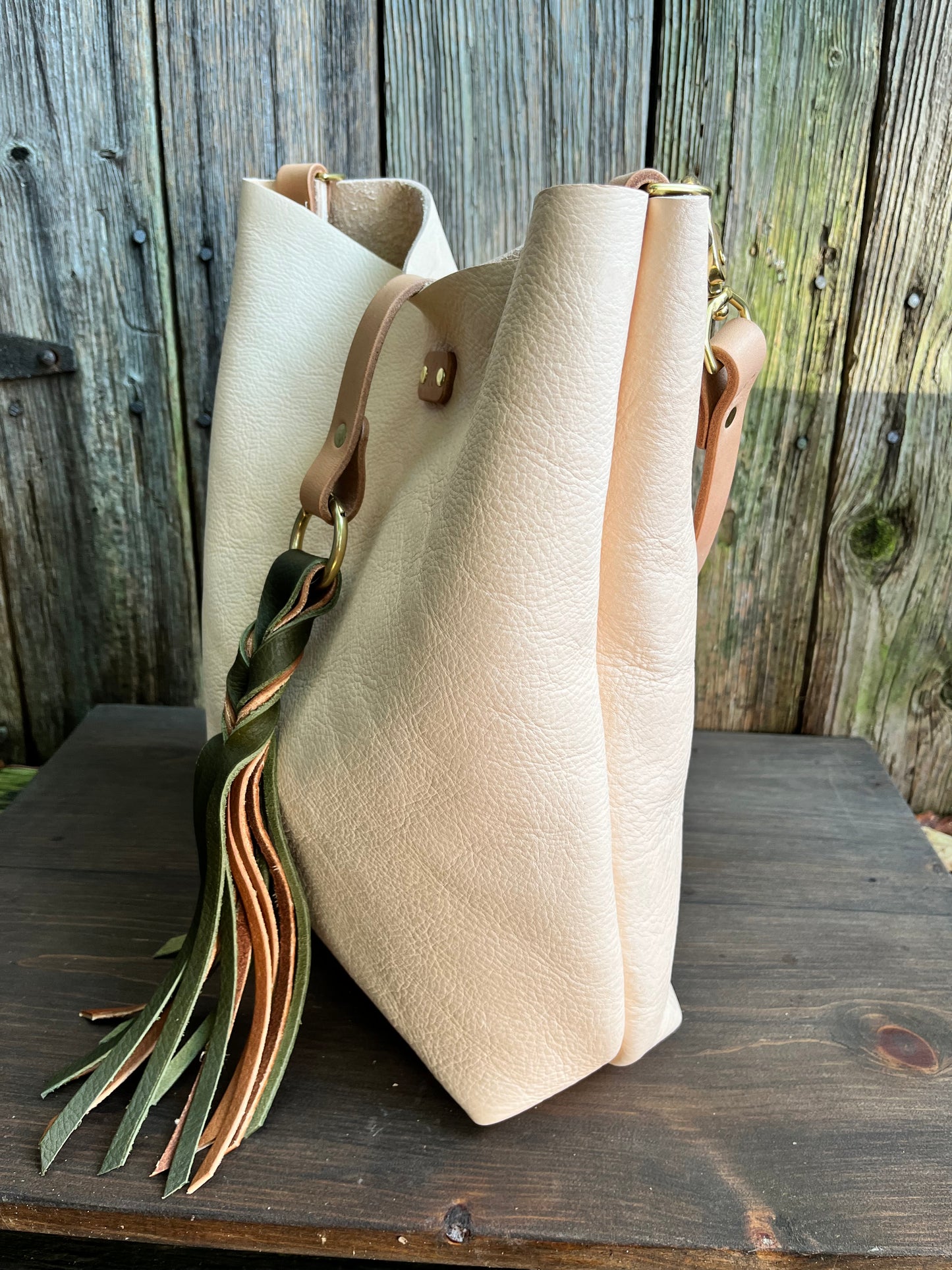Barcelona Bucket in Natural Milled Veg Tan with Throwover Braided Tassel
