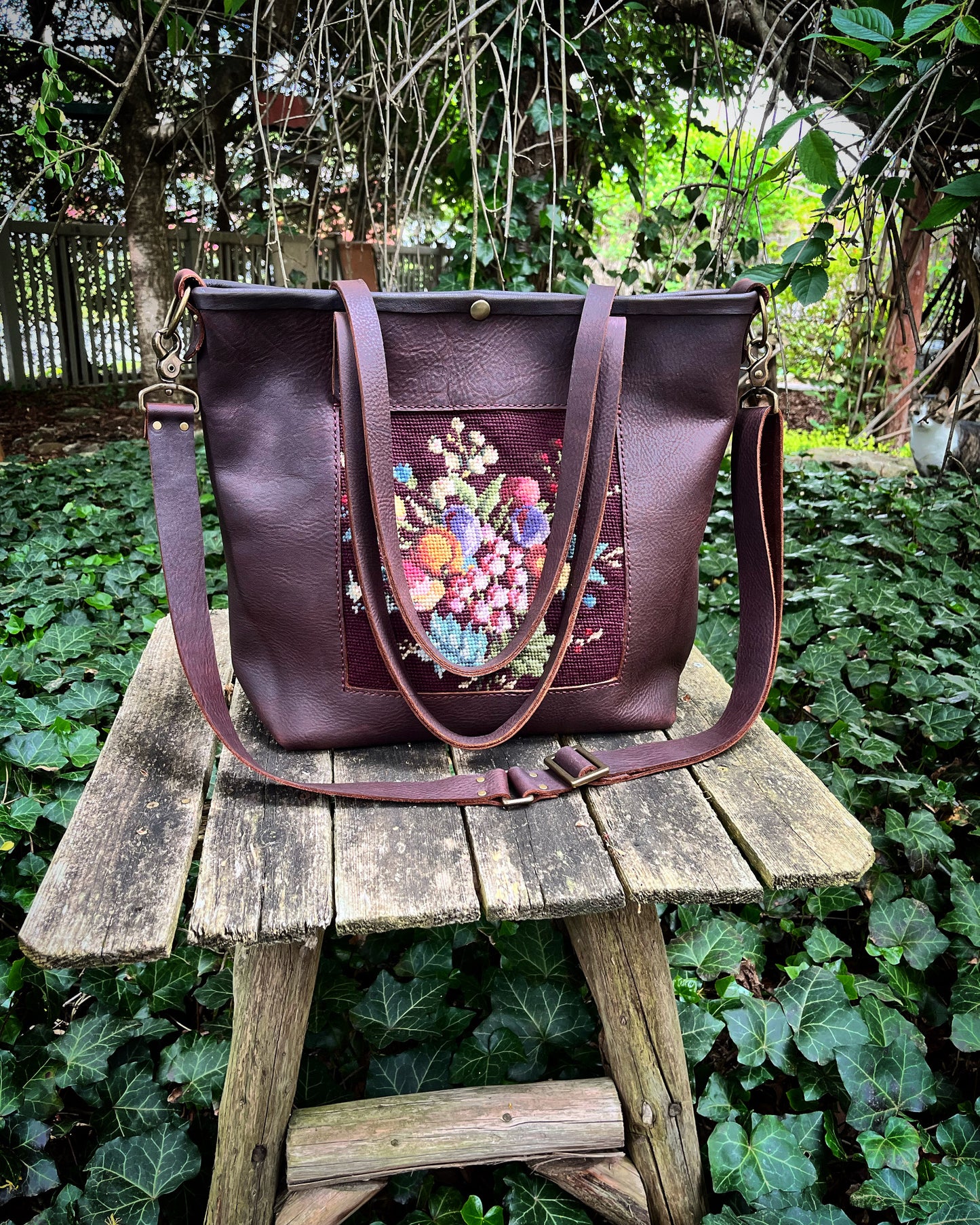 Premium Oil Tanned Leather Tote with Vintage English Needlepoint