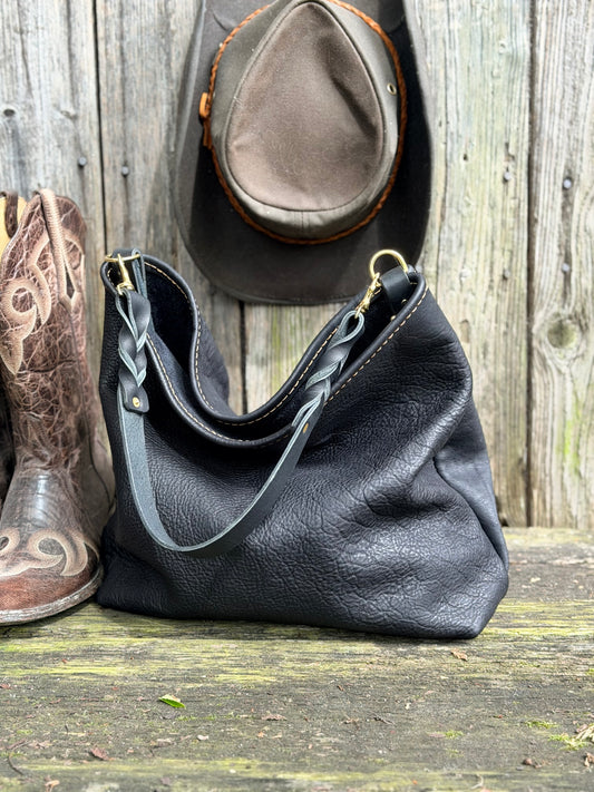 Rodeo Large Bucket in Soft Black Bison with Braided Horween Strap