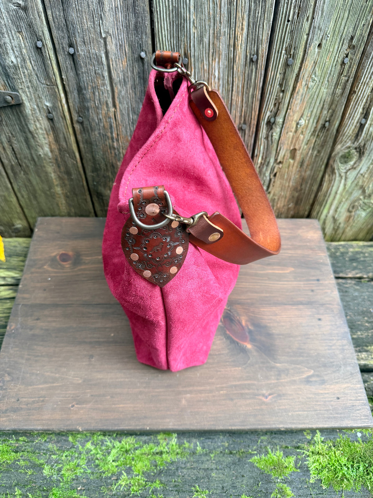 Willy Bucket in Reverse Cow in Cranberry Suede with Guitar Strap