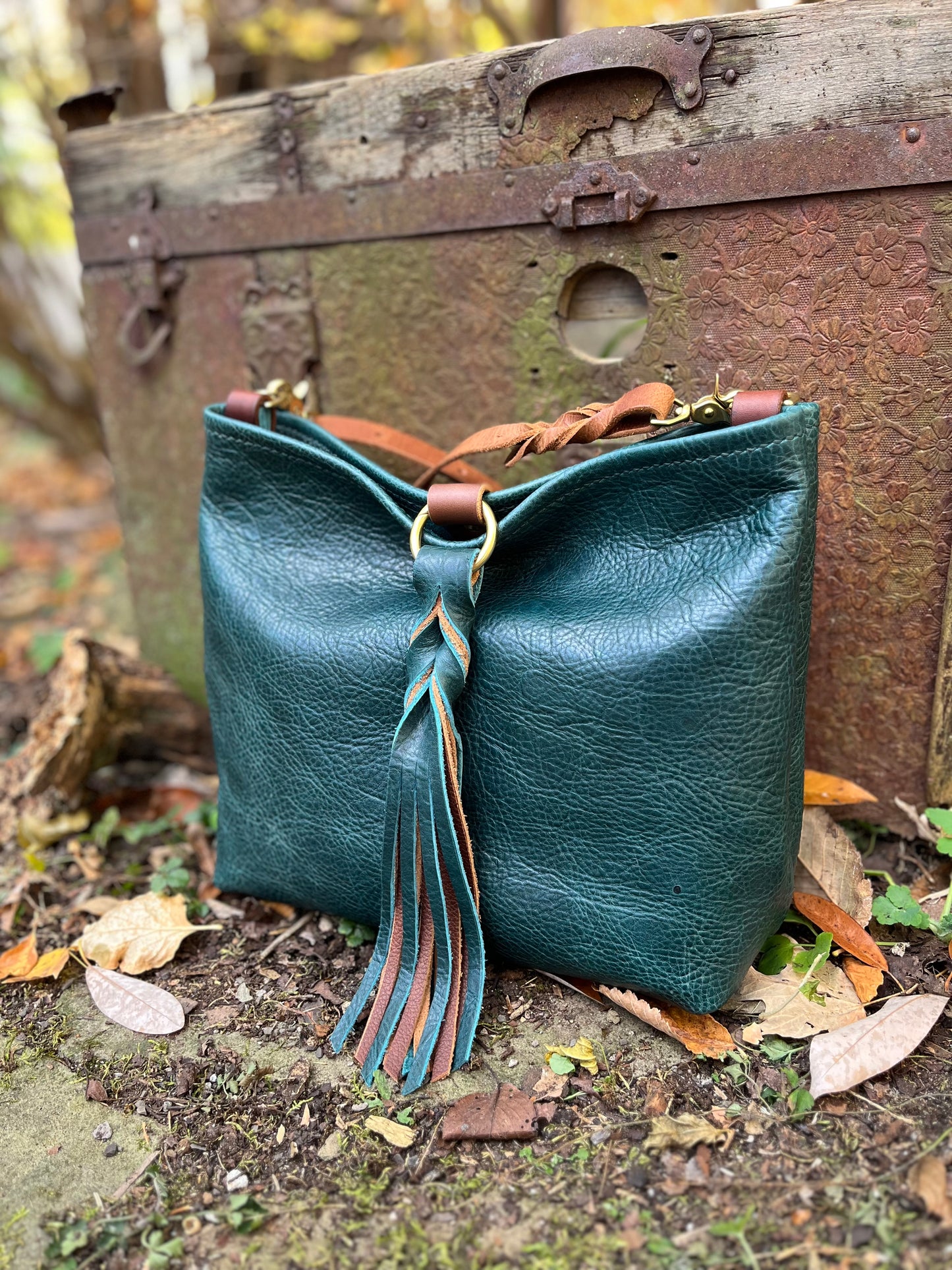 Mimi Slouch Bag in Blue Spruce with Braided Throwover Leather Tassel