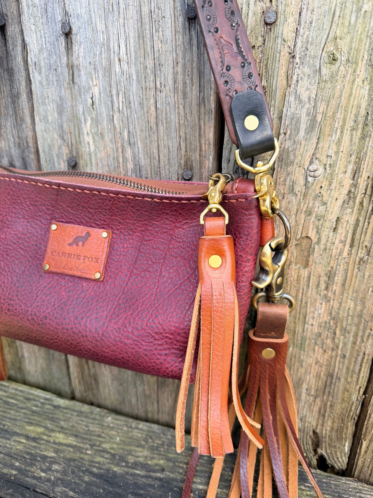 Cody Hand-Tooled Leather Shoulder Strap in Antique Brown 28”L