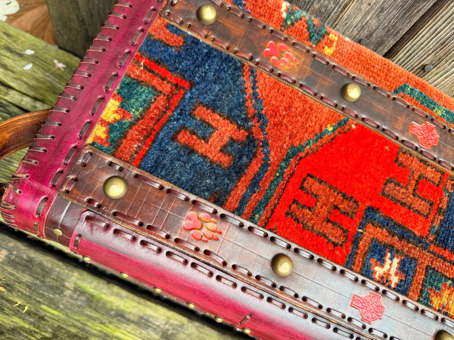 Carpet Bag Tote with Antique Rug & Veg Tanned Leather // Handmade in Wales, UK
