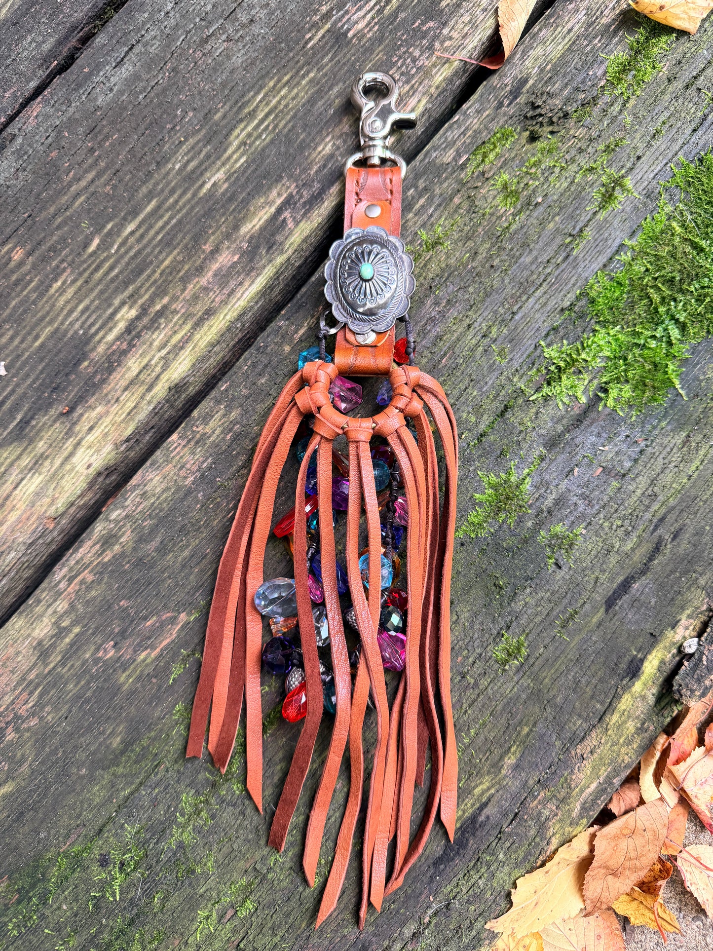 Hand-tooled Tribal Tassel in Tan Deerskin with Sterling Silver & Turquoise Concho 15”L, OOAK