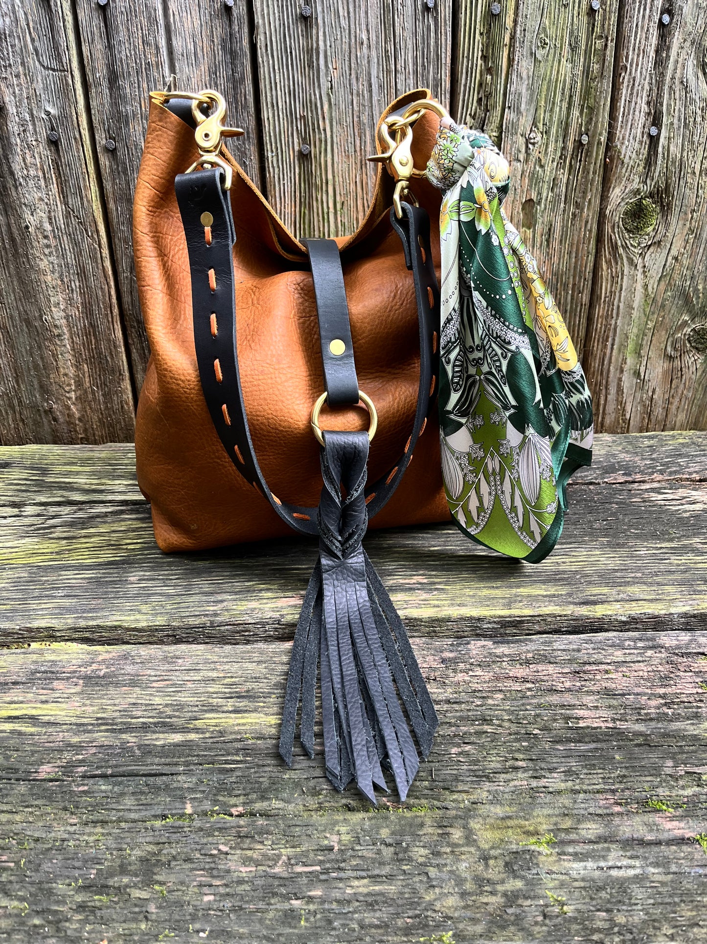 Barcelona Bucket in Distressed Tan Cowhide with Throwover Tassel & Silk Scarf Accessory