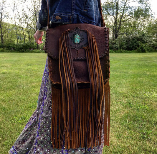 Evolet Saddle Bag in Oil Tanned Leather with Nevada Emerald Valley Turquoise