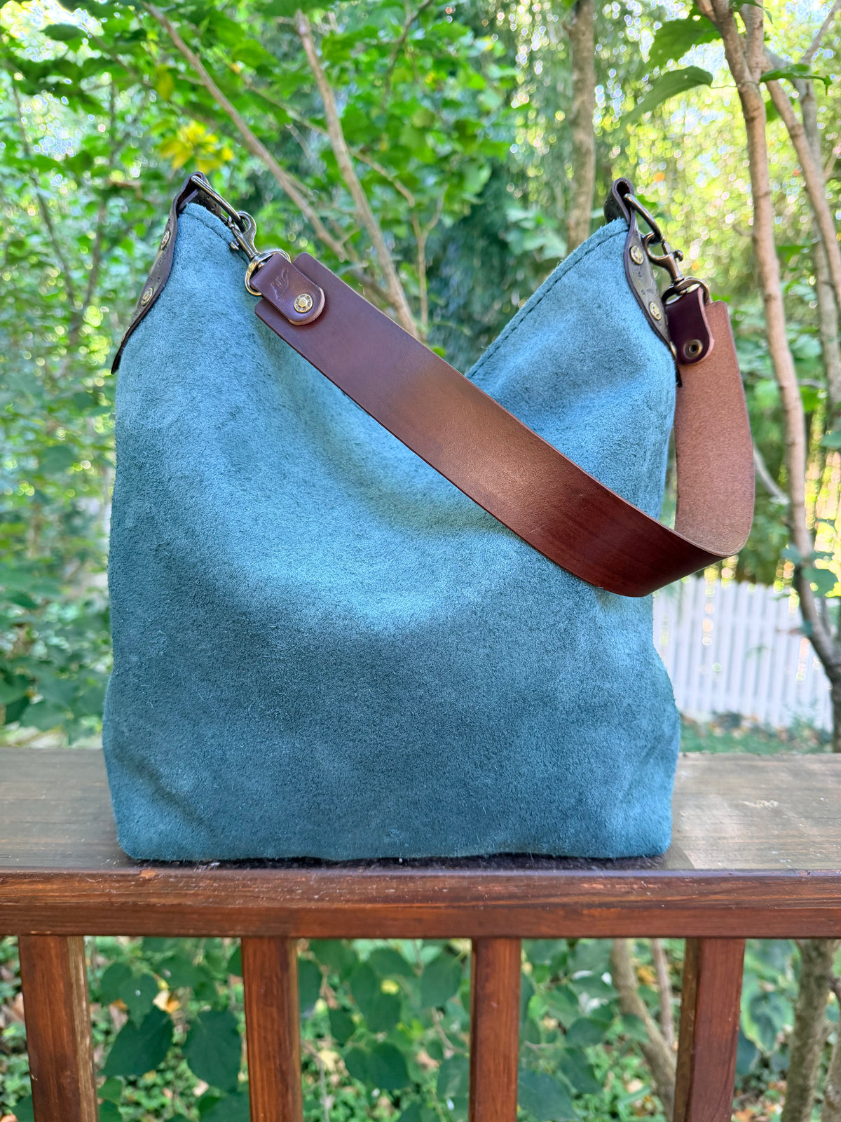 Willy Bucket in Blue Spruce Rough-Out with Short Guitar Strap