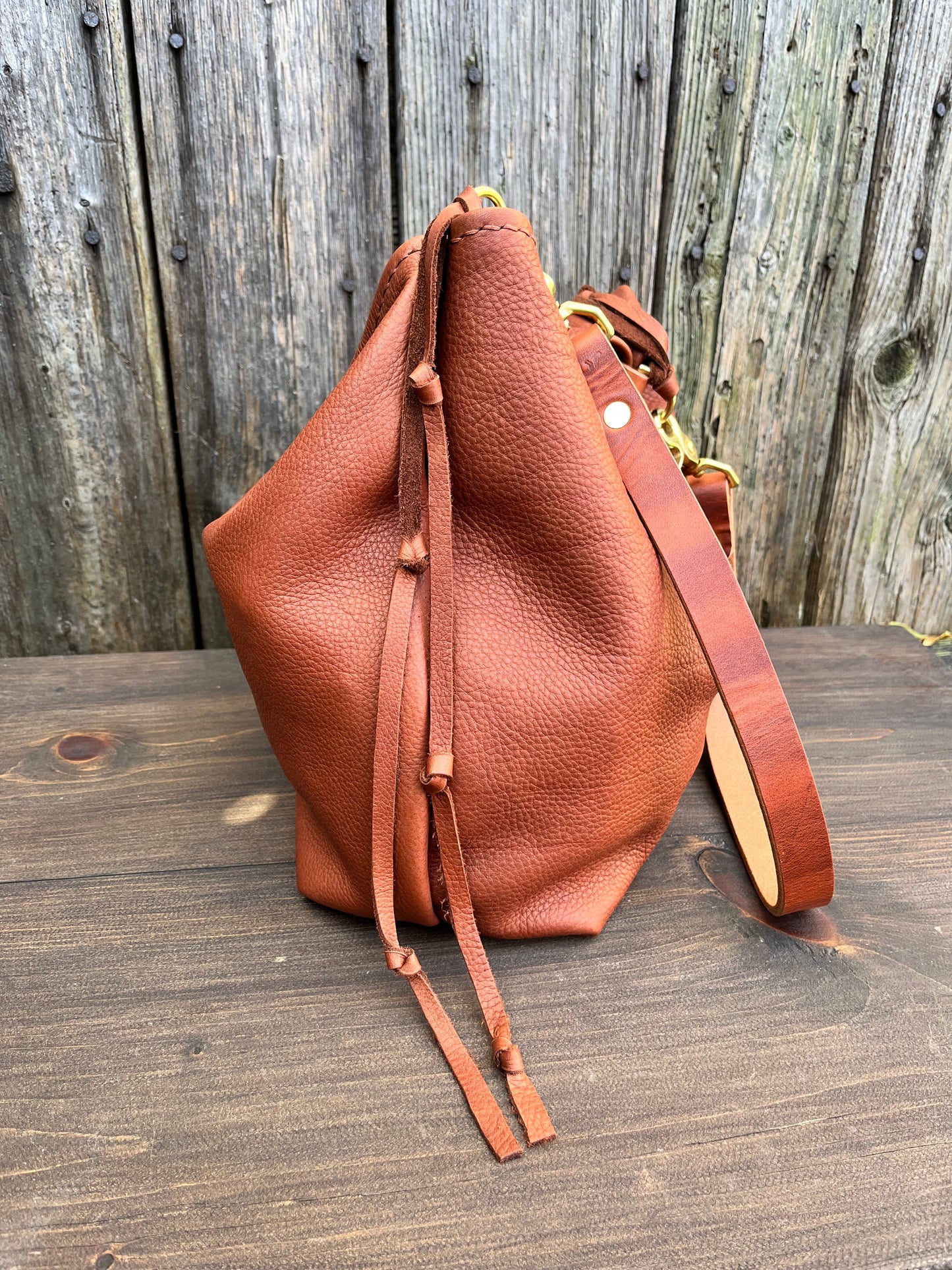 Mimi Slouch Bag in Brandy Naked Cow with Leather Tassel Accents
