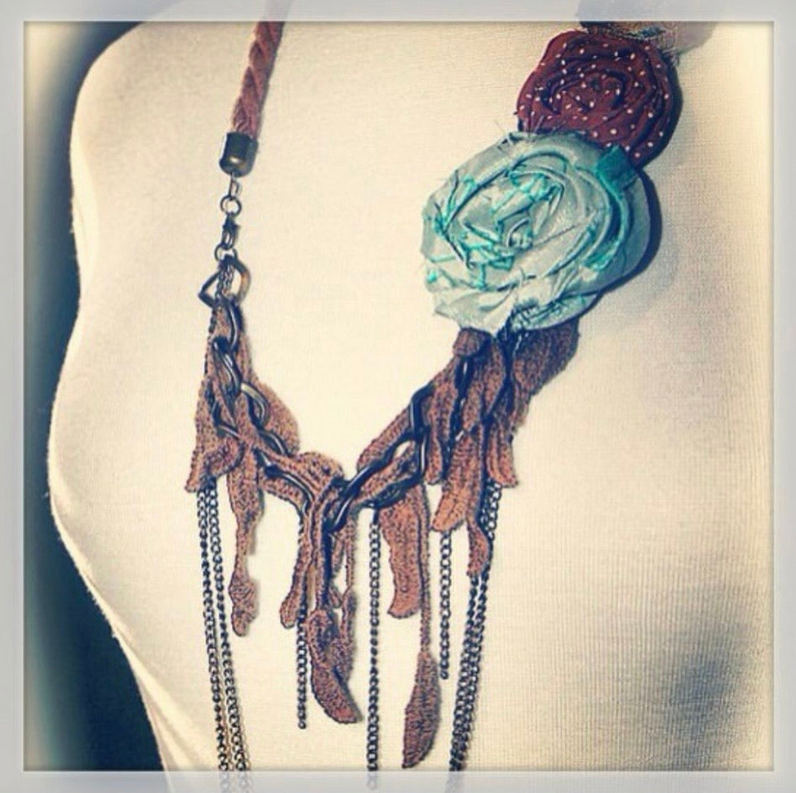 Boho Cowgirl Statement Necklace, Leather, Fabric, Chain, Shabby Chic