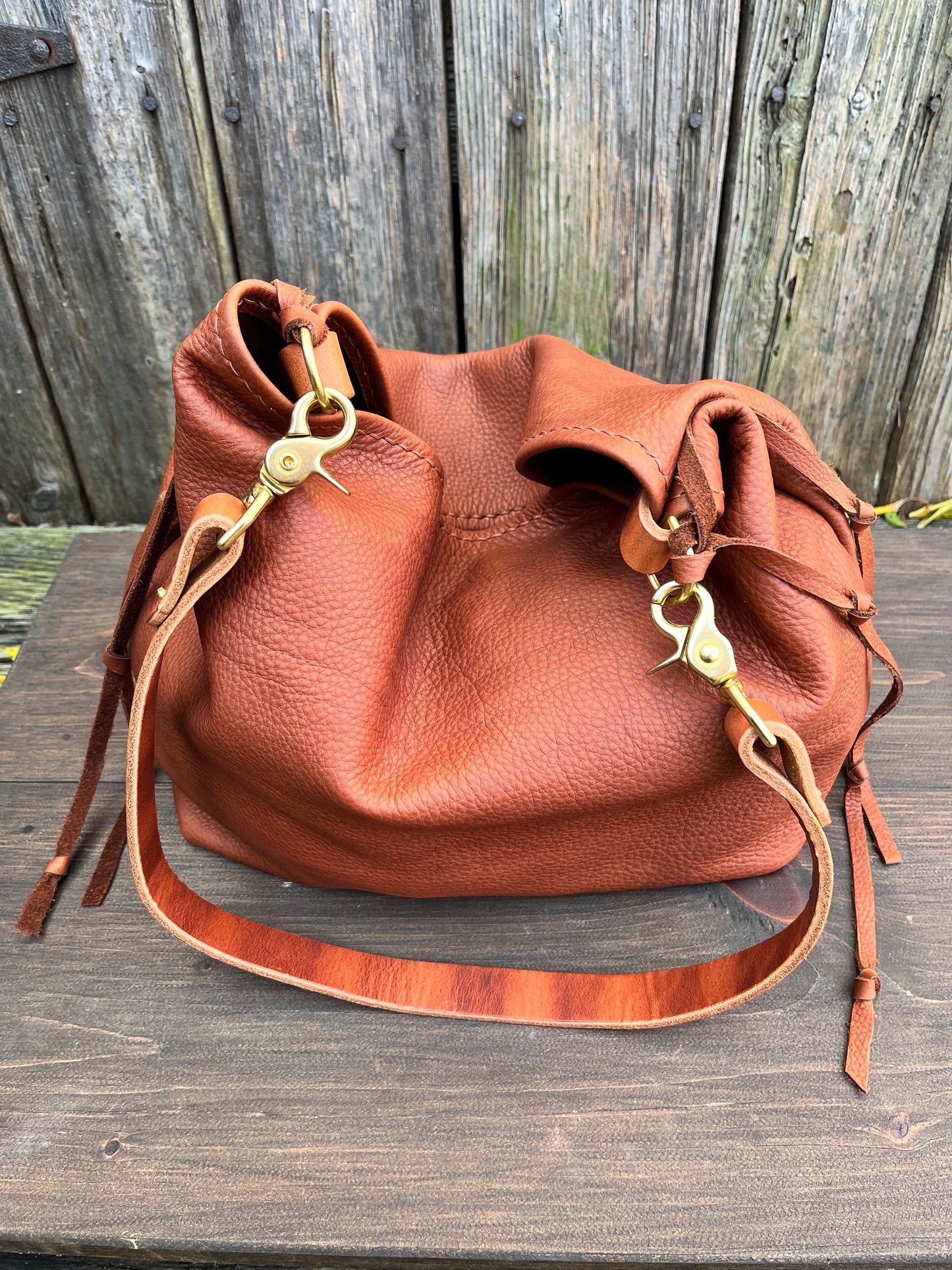 Mimi Slouch Bag in Brandy Naked Cow with Leather Tassel Accents