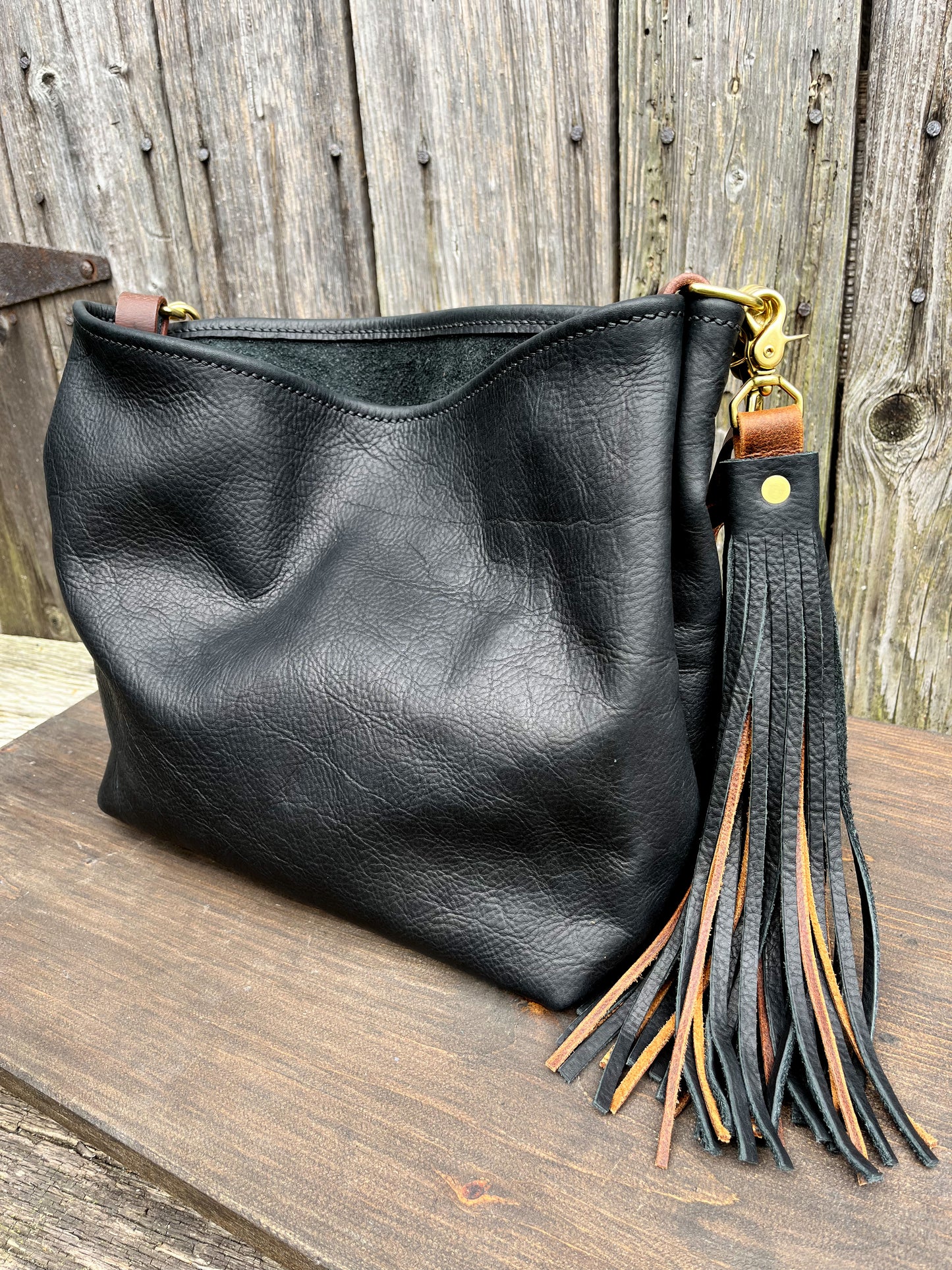 Mimi Slouch Bag in Black Kodiak with Leather Tassel