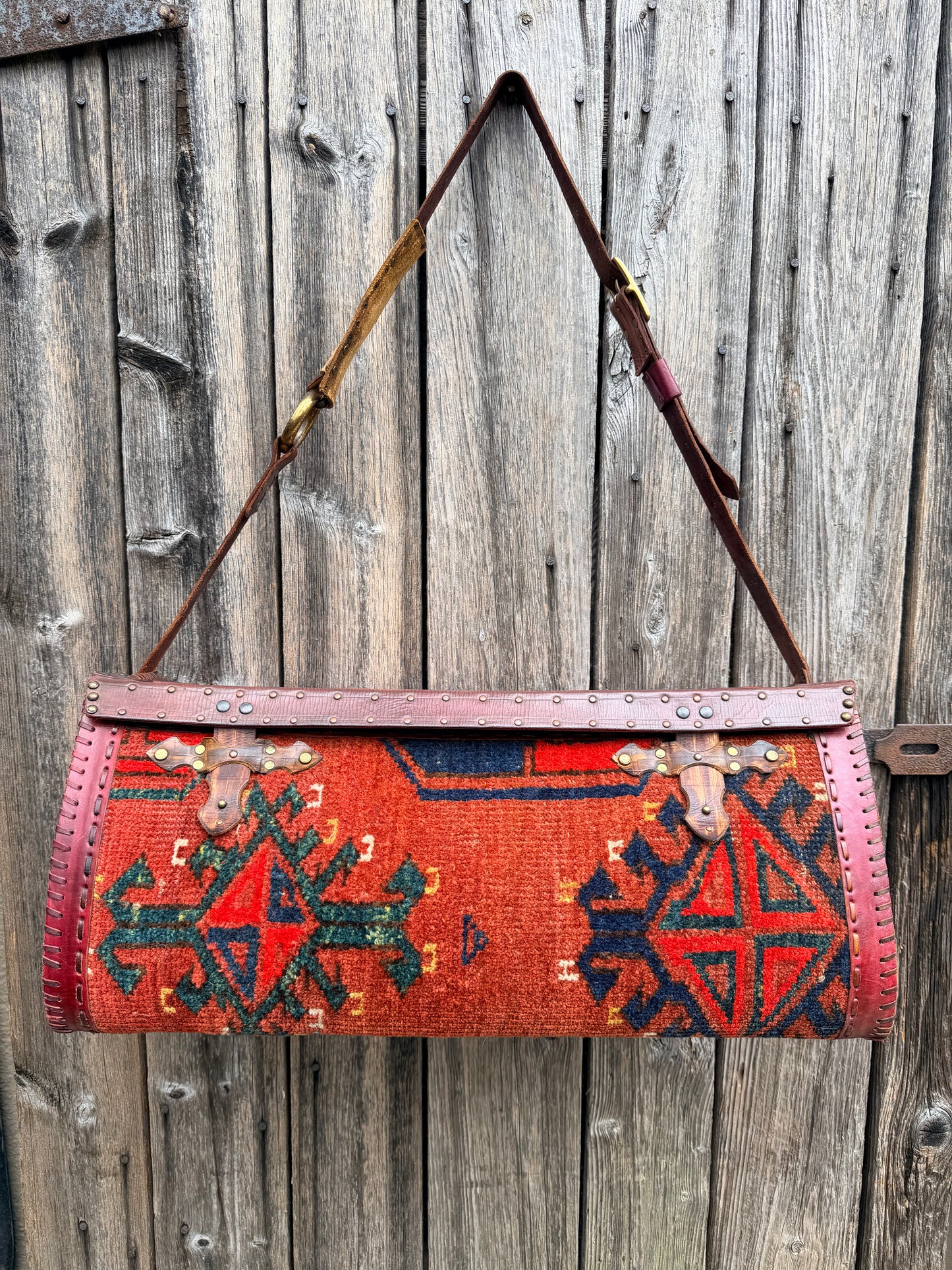 Carpet Bag Tote with Antique Rug & Veg Tanned Leather // Handmade in Wales, UK