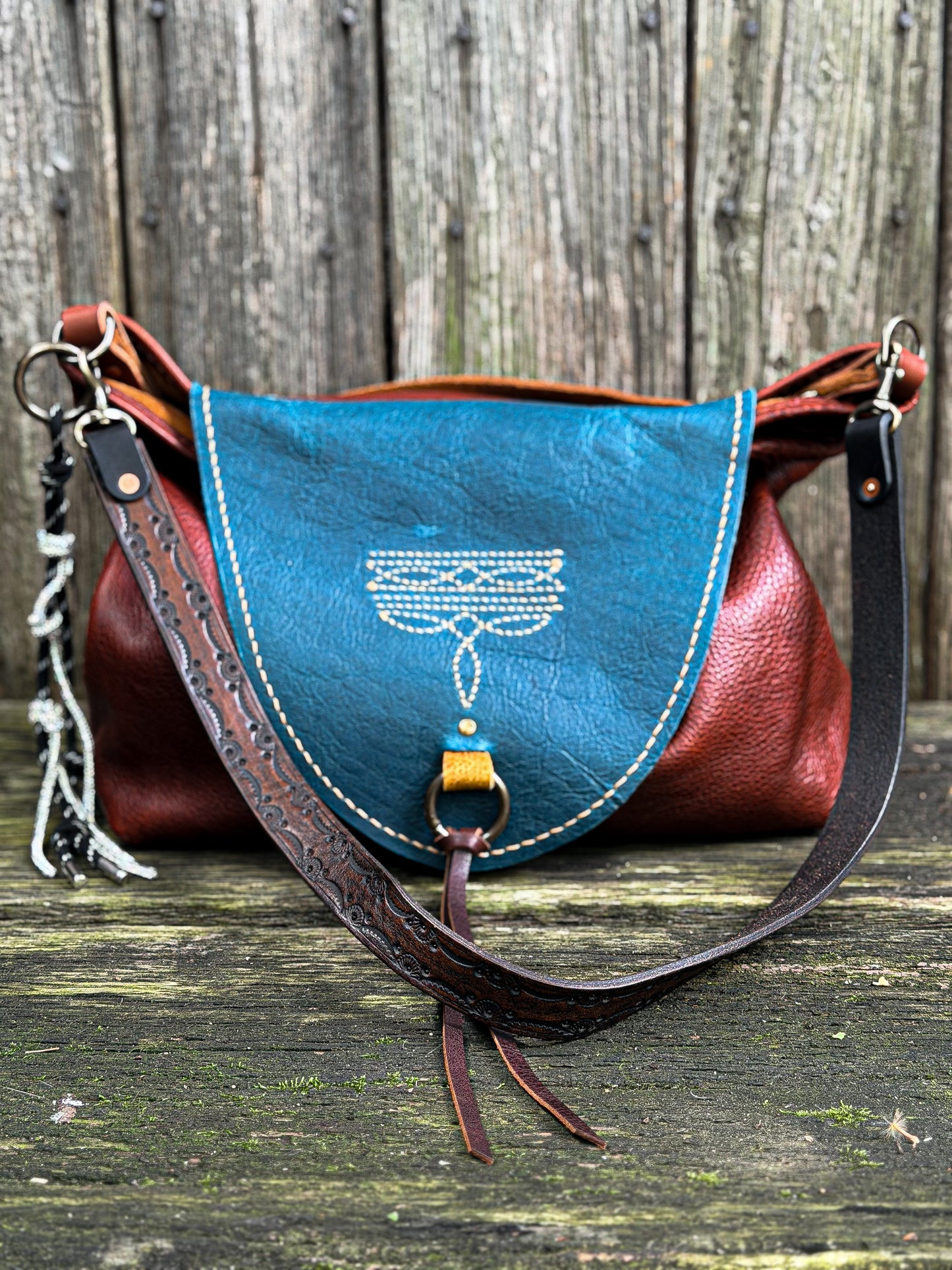 Remi Shoulder Bag with Tassel Flap in Mixed Leather with Horween Hand-tooled Strap