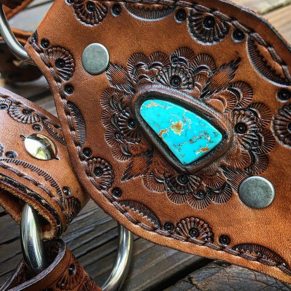 Evolet Leather Crossbody Pouch, Hand-Tooled, Tobacco Deerskin with Sierra Nevada Turquoise