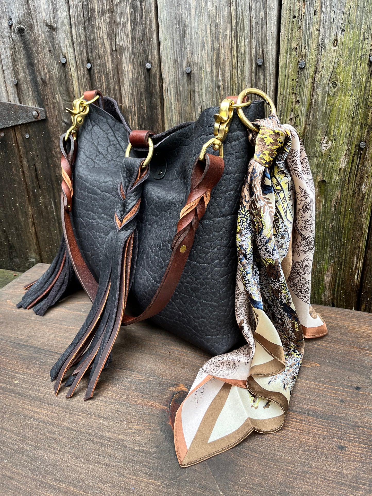 Barcelona Mini Bucket in Distressed Black Bison with Braided Tassel