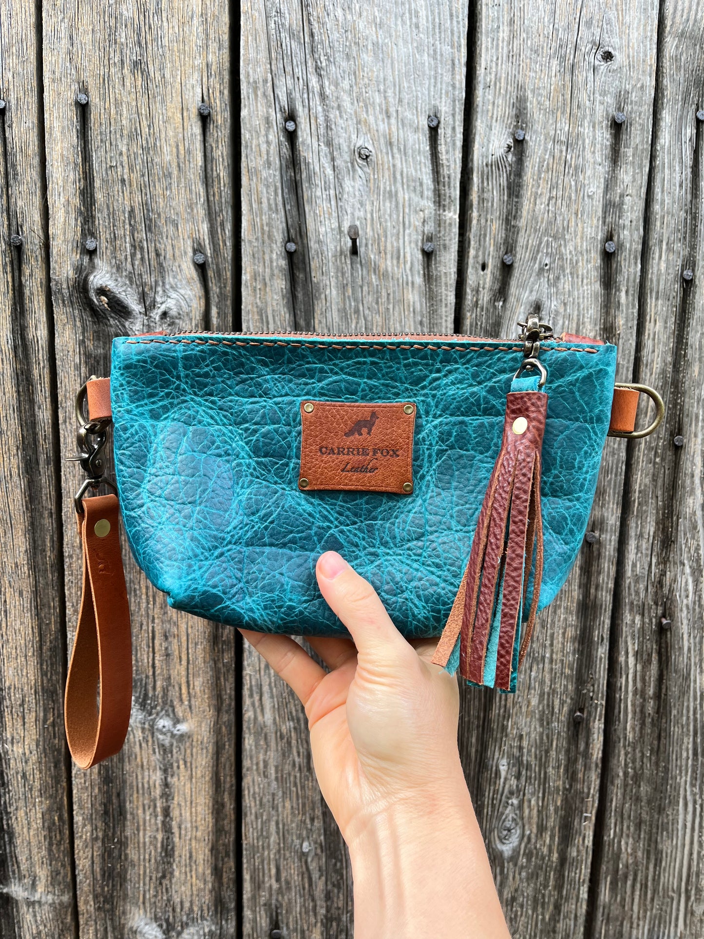 Pipsqueak Wristlet/Crossbody in Blue Bison with English Tan Leather Accents