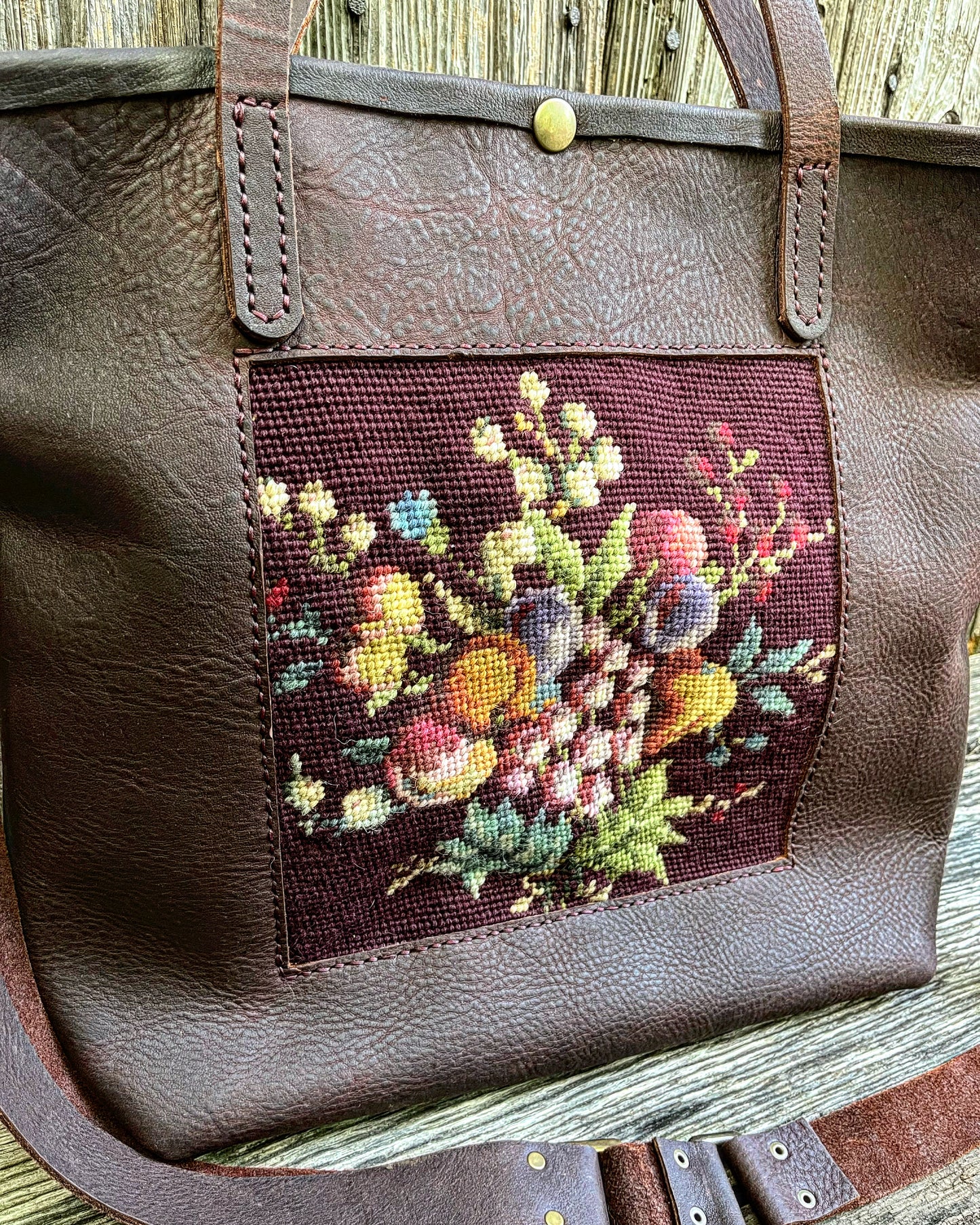 Premium Oil Tanned Leather Tote with Vintage English Needlepoint