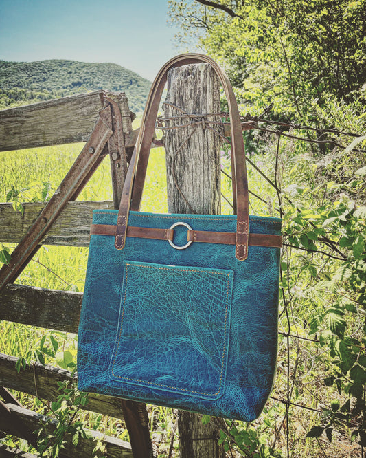 Leather Equestrian Tote in Blue Bison