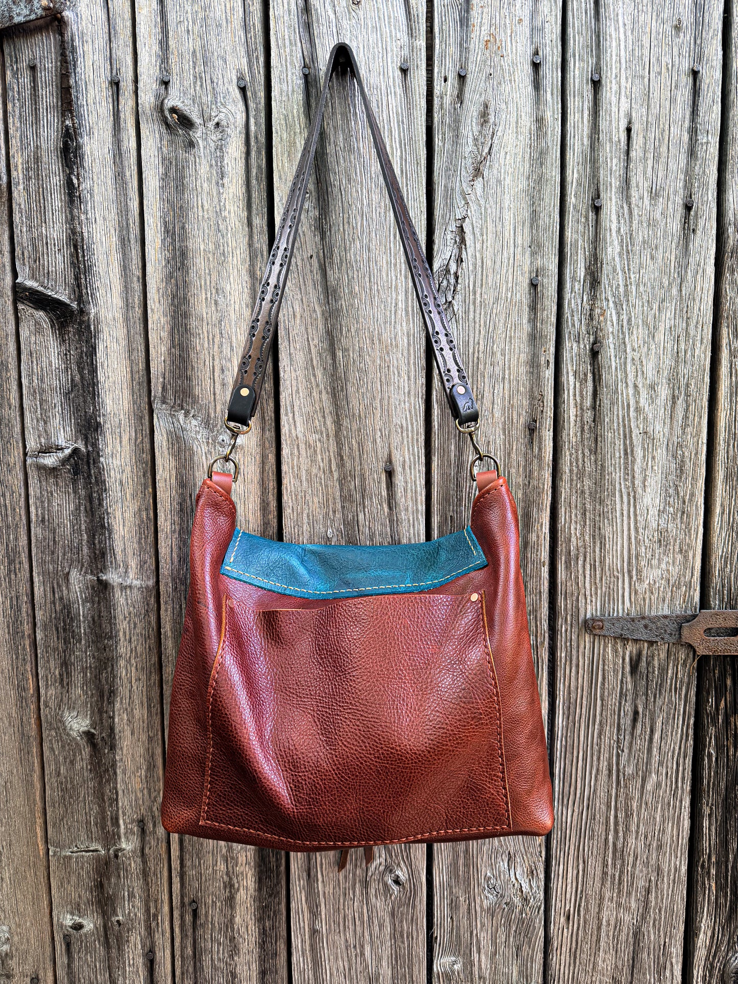 Remi Shoulder Bag with Tassel Flap in Mixed Leather with Horween Hand-tooled Strap