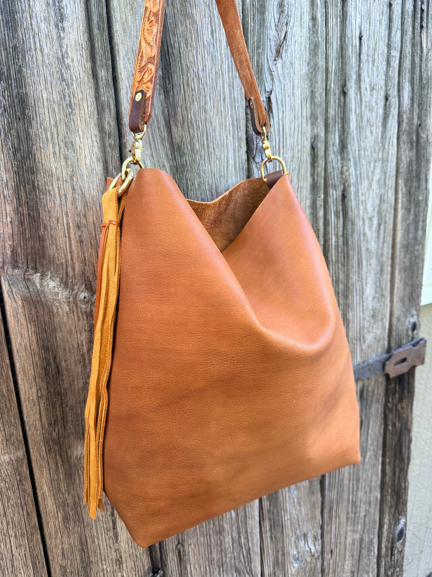 Barcelona Soft Bucket in Paddy Cake Tan Leather with Cider Suede Tassel