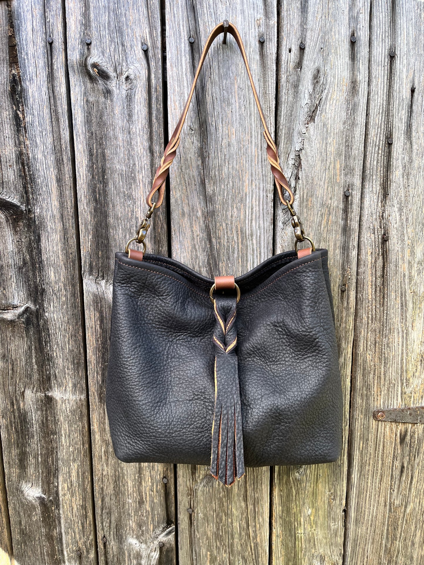 Mimi Slouch Bag in Distressed Black Bison with Braided Throwover Leather Tassel