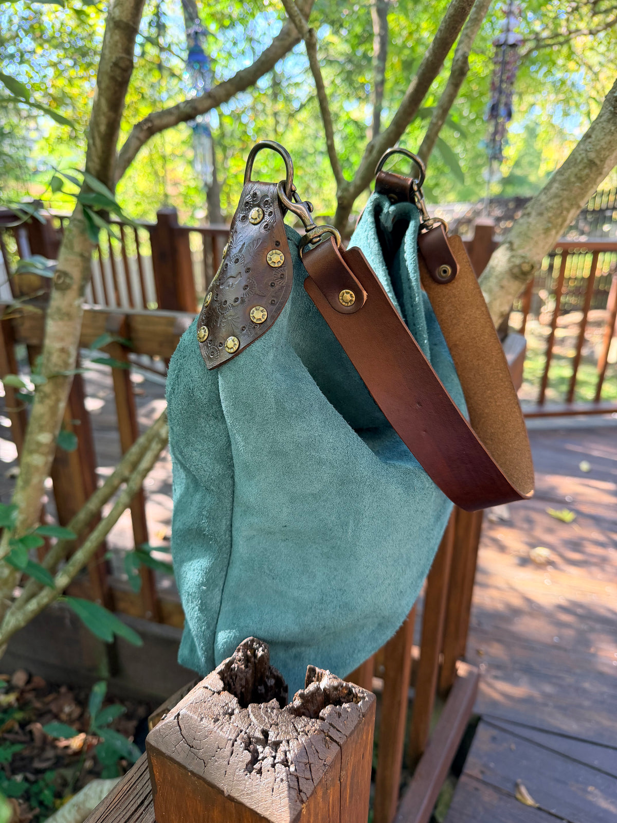Willy Bucket in Blue Spruce Rough-Out with Short Guitar Strap