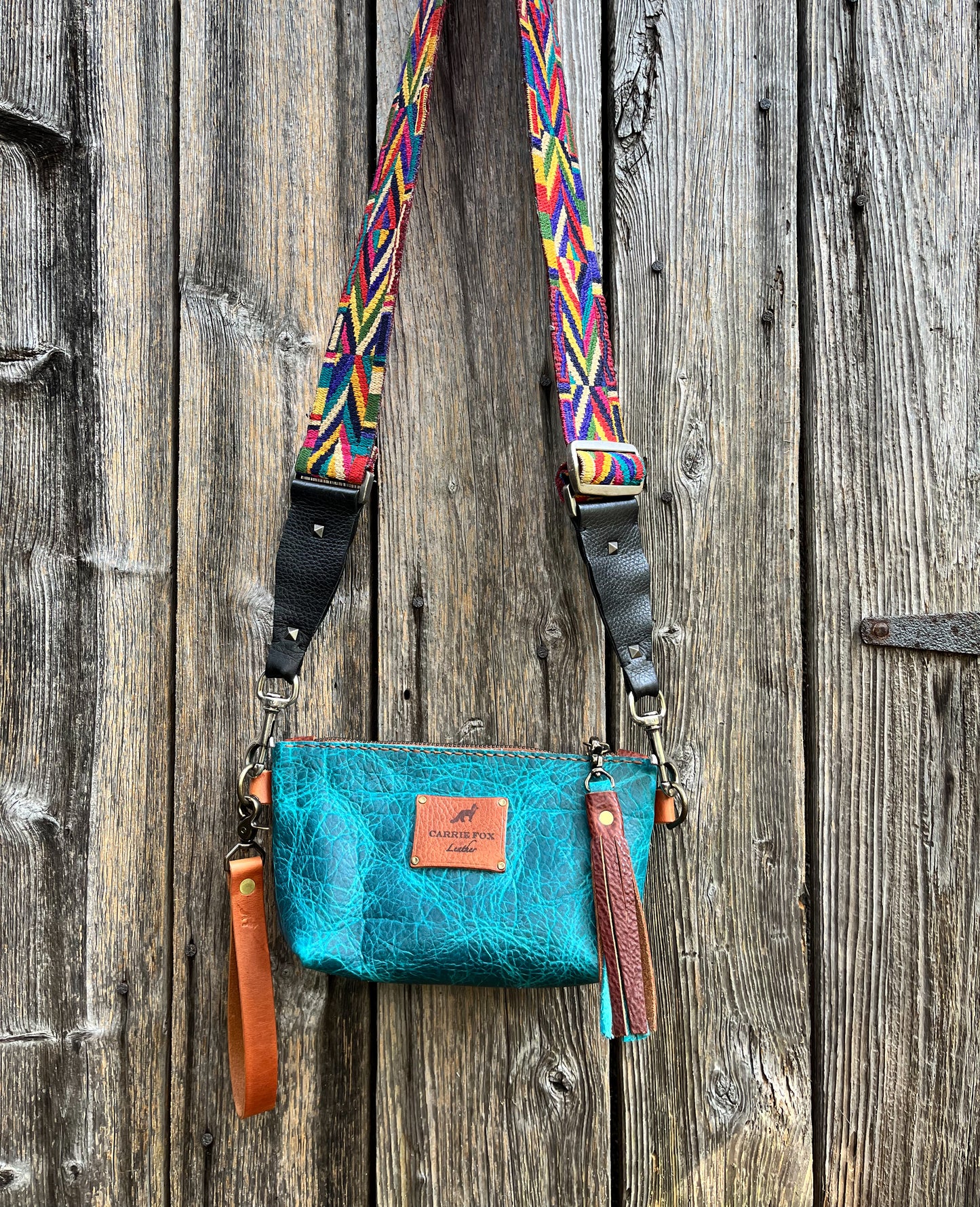 Pipsqueak Wristlet/Crossbody in Blue Bison with English Tan Leather Accents
