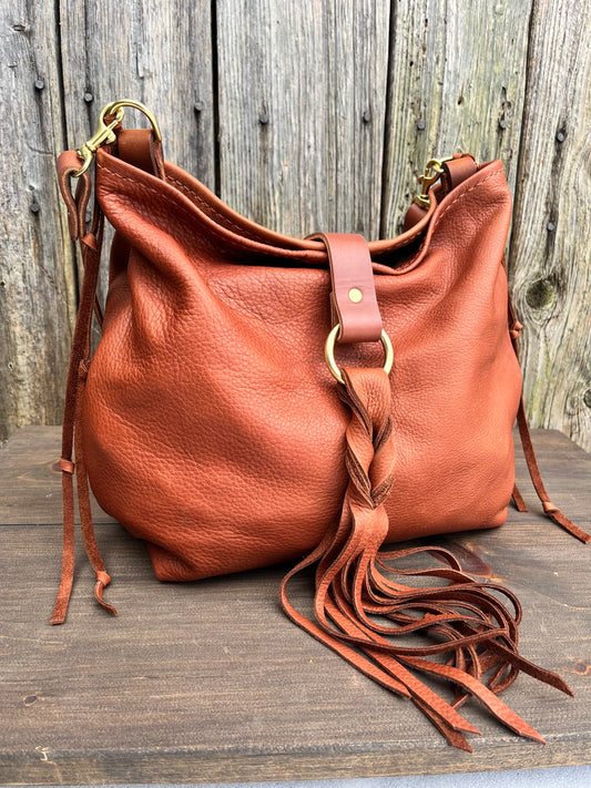 Mimi Slouch Bag in Brandy Naked Cow with Leather Tassel Closure
