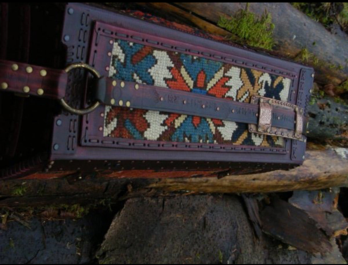 Carpet Bag Tote with Antique Rug & Veg Tanned Leather // Handmade in Wales, UK