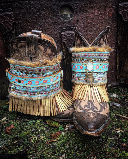 Shabby Chic Boho Boot Wraps, Hand Tooled / Painted, Wearable Art