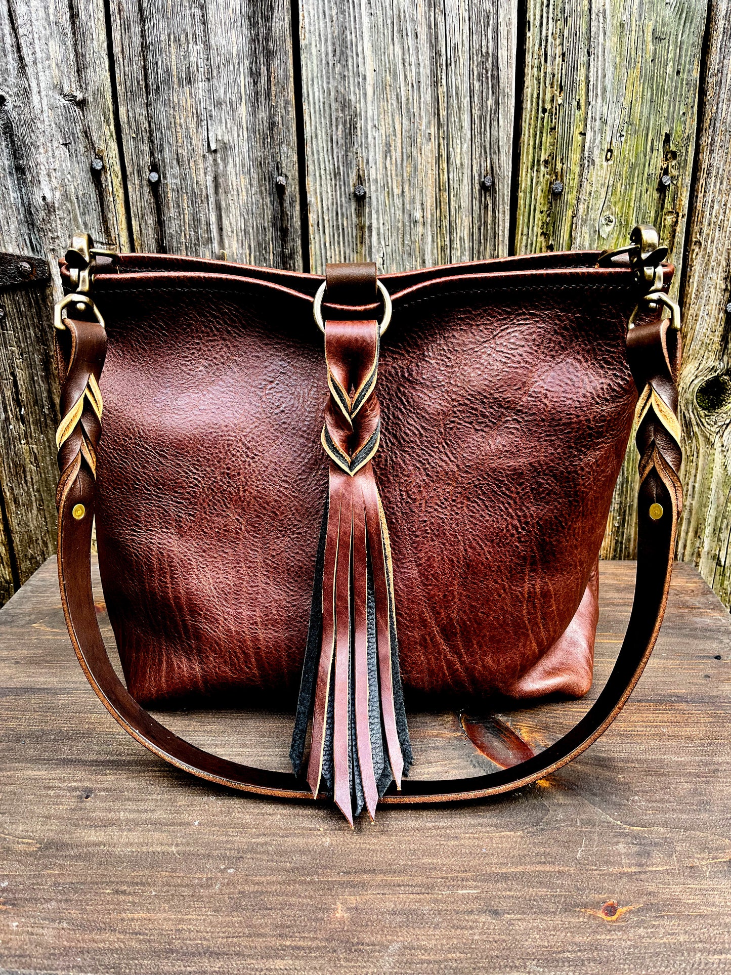 Mimi Slouch Bag in Rustic Dark Brown Leather with Braided Throwover Tassel