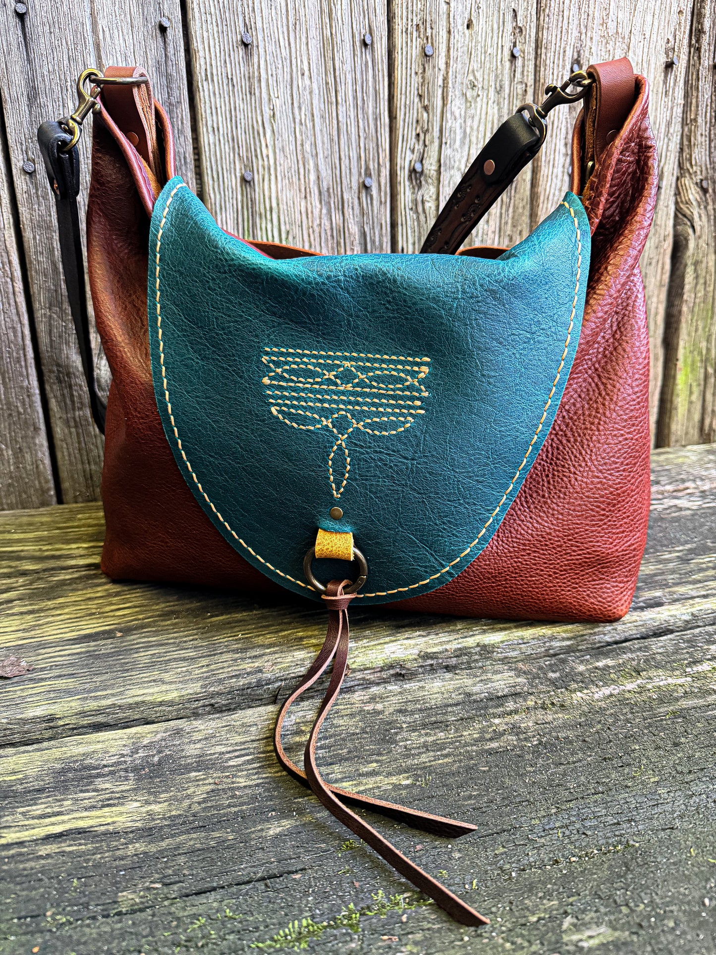 Remi Shoulder Bag with Tassel Flap in Mixed Leather with Horween Hand-tooled Strap