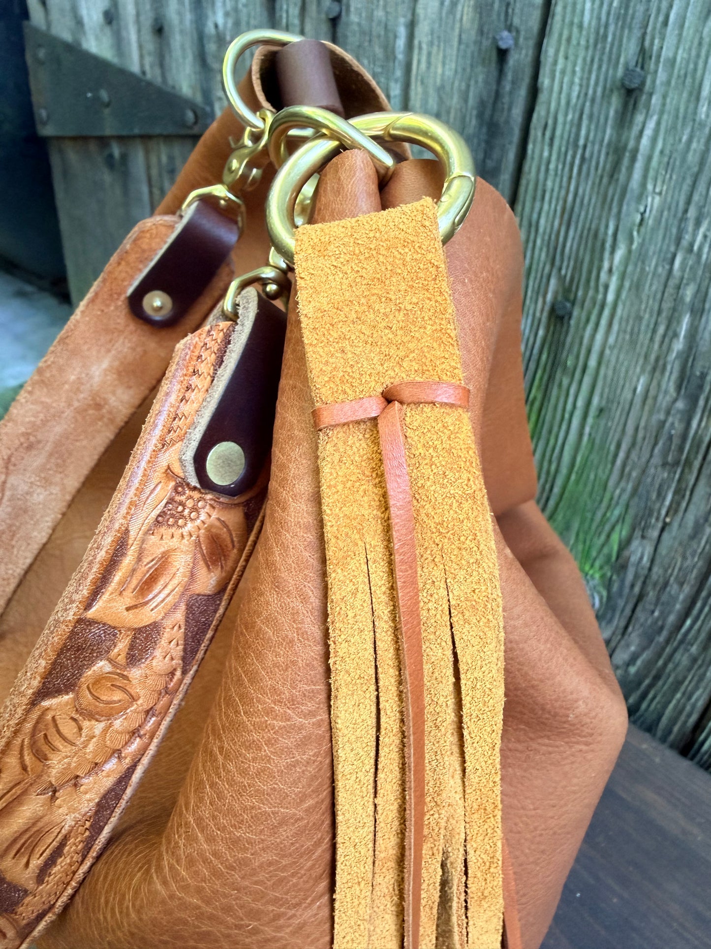 Barcelona Soft Bucket in Paddy Cake Tan Leather with Cider Suede Tassel