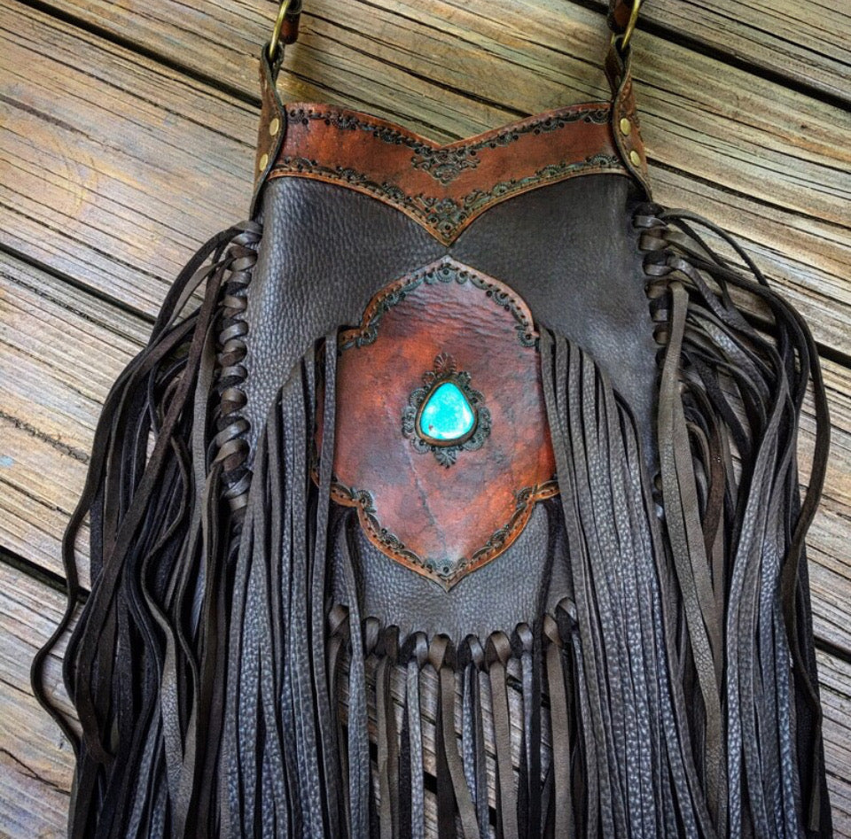 Evolet Leather Crossbody Pouch, Hand-Tooled, Dark Chocolate Deerskin with Kingman Turquoise