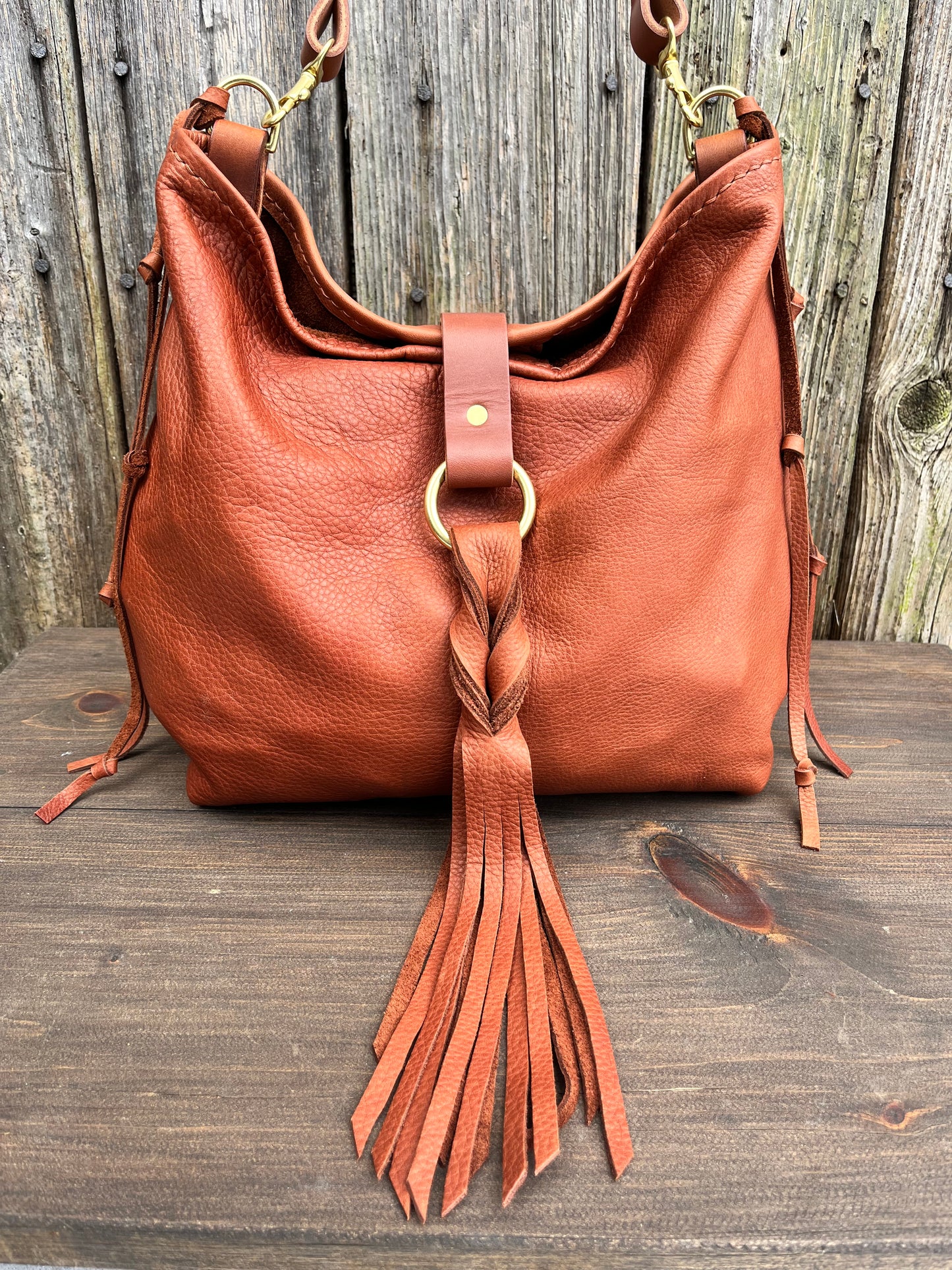 Mimi Slouch Bag in Brandy Naked Cow with Leather Tassel Closure